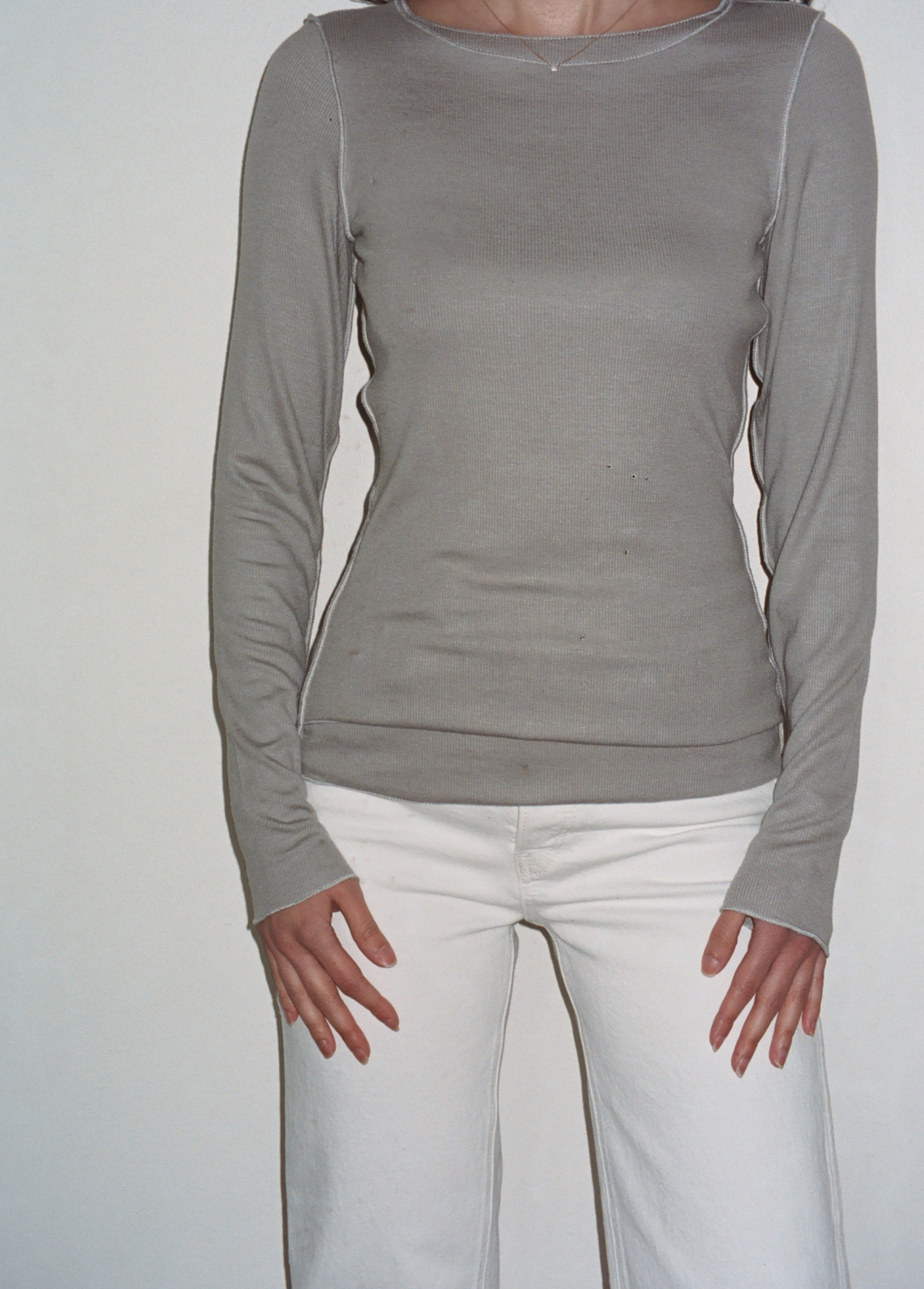 Female model wearing sustainable micro modal grey buttery soft double lined long sleeve ribbed top. Classic, timeless, elegant, french style. natural organic clothing- VIR VITA

#color_grey