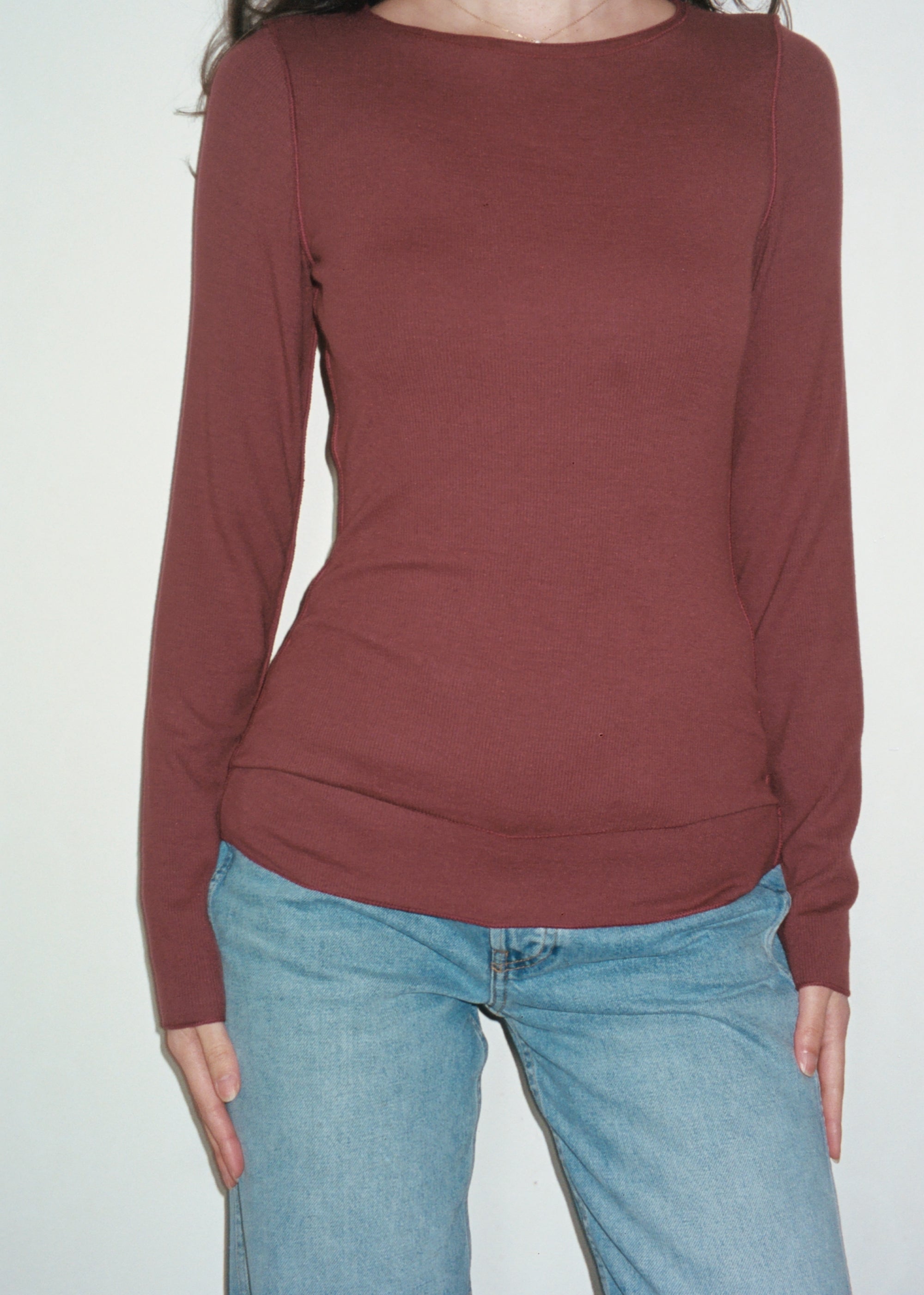 Female model wearing sustainable micro modal maroon buttery soft double lined long sleeve ribbed top. Classic, timeless, elegant, french style. natural organic clothing- VIR VITA

#color_maroon