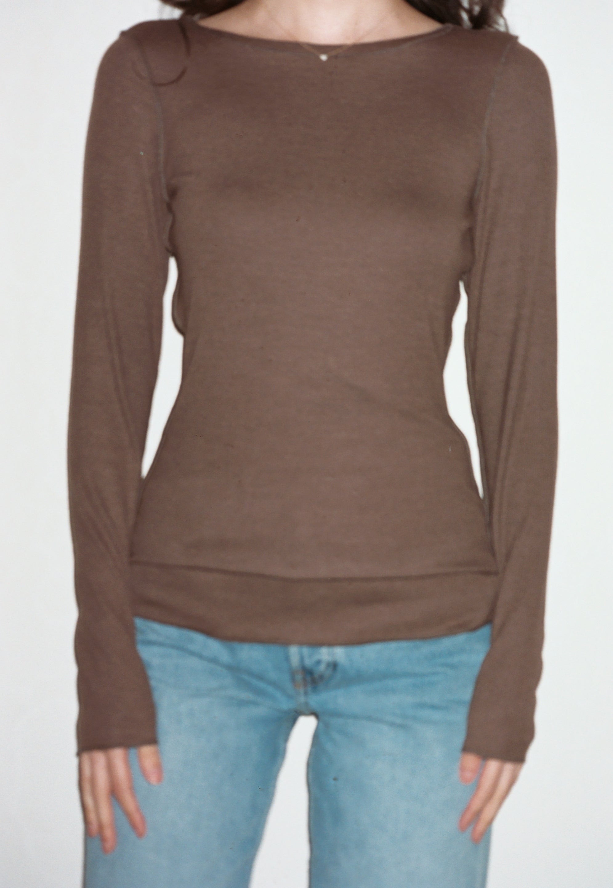 Female model wearing sustainable micro modal brown buttery soft double lined long sleeve ribbed top. Classic, timeless, elegant, french style. natural organic clothing- VIR VITA


#color_chestnut