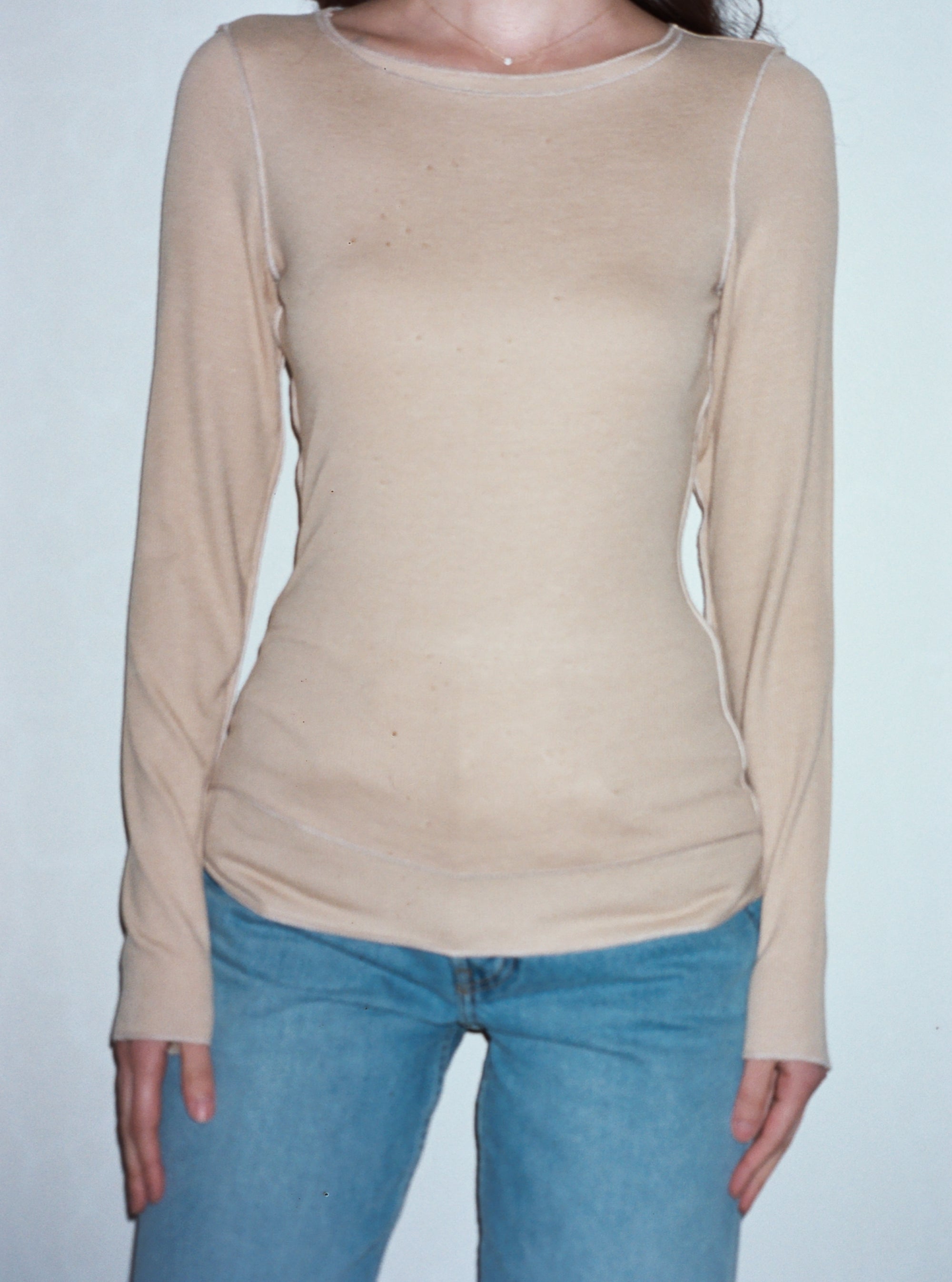 Female model wearing sustainable micro modal cream buttery soft double lined long sleeve ribbed top. Classic, timeless, elegant, french style. natural organic clothing- VIR VITA

#color_toffee