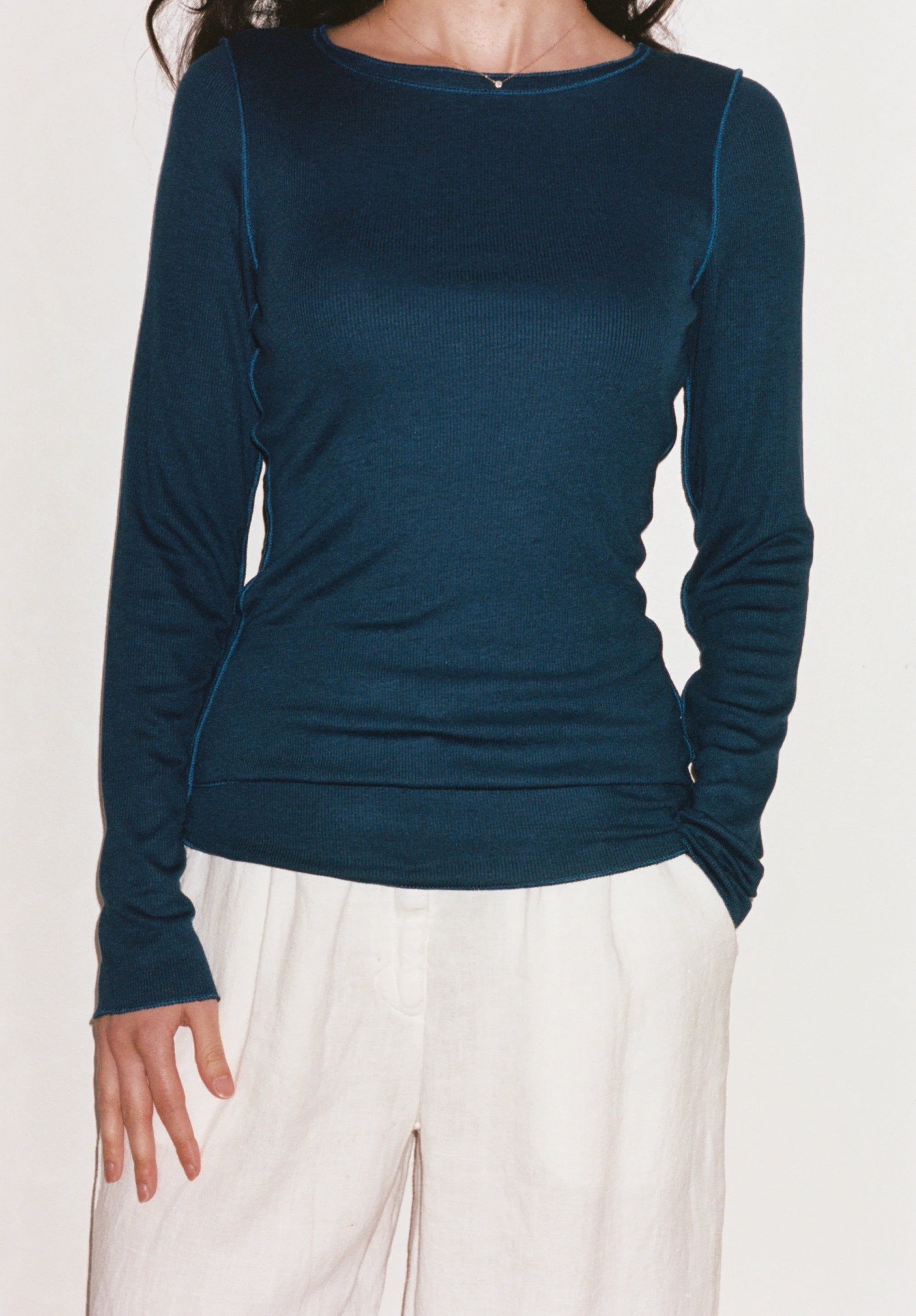 Female model wearing sustainable micro modal navy buttery soft double lined long sleeve ribbed top. Classic, timeless, elegant, french style. natural organic clothing- VIR VITA

#color_navy