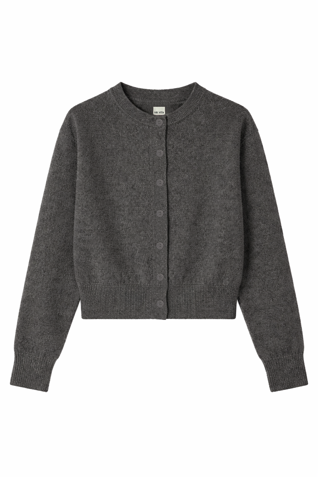 Flat image of a stone grey cardigan made in soft cashmere with slouchy details to create a relaxed silhouette. - VIR VITA
#color_stonegrey