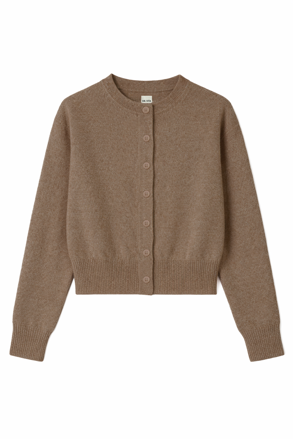 Flat image of a speckled light brown cardigan made in soft cashmere with slouchy details to create a relaxed silhouette.- VIR VITA
#color_toastedwalnut