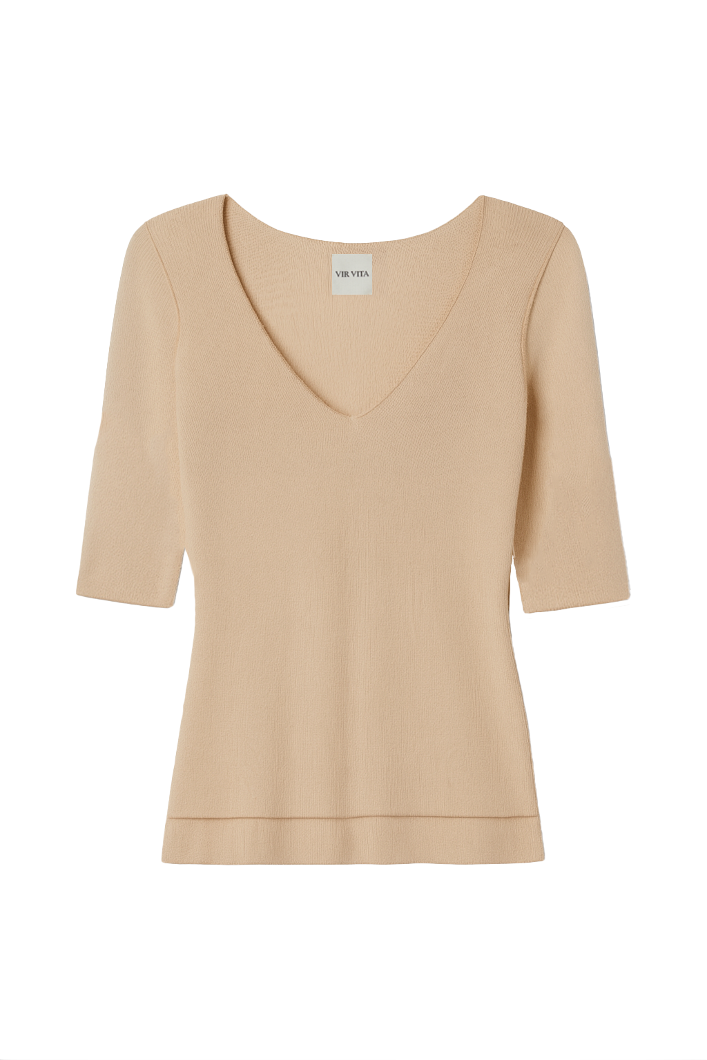 Flat image of a micro modal beige three-quarter sleeve v-neck top - VIR VITA
#color_toffee