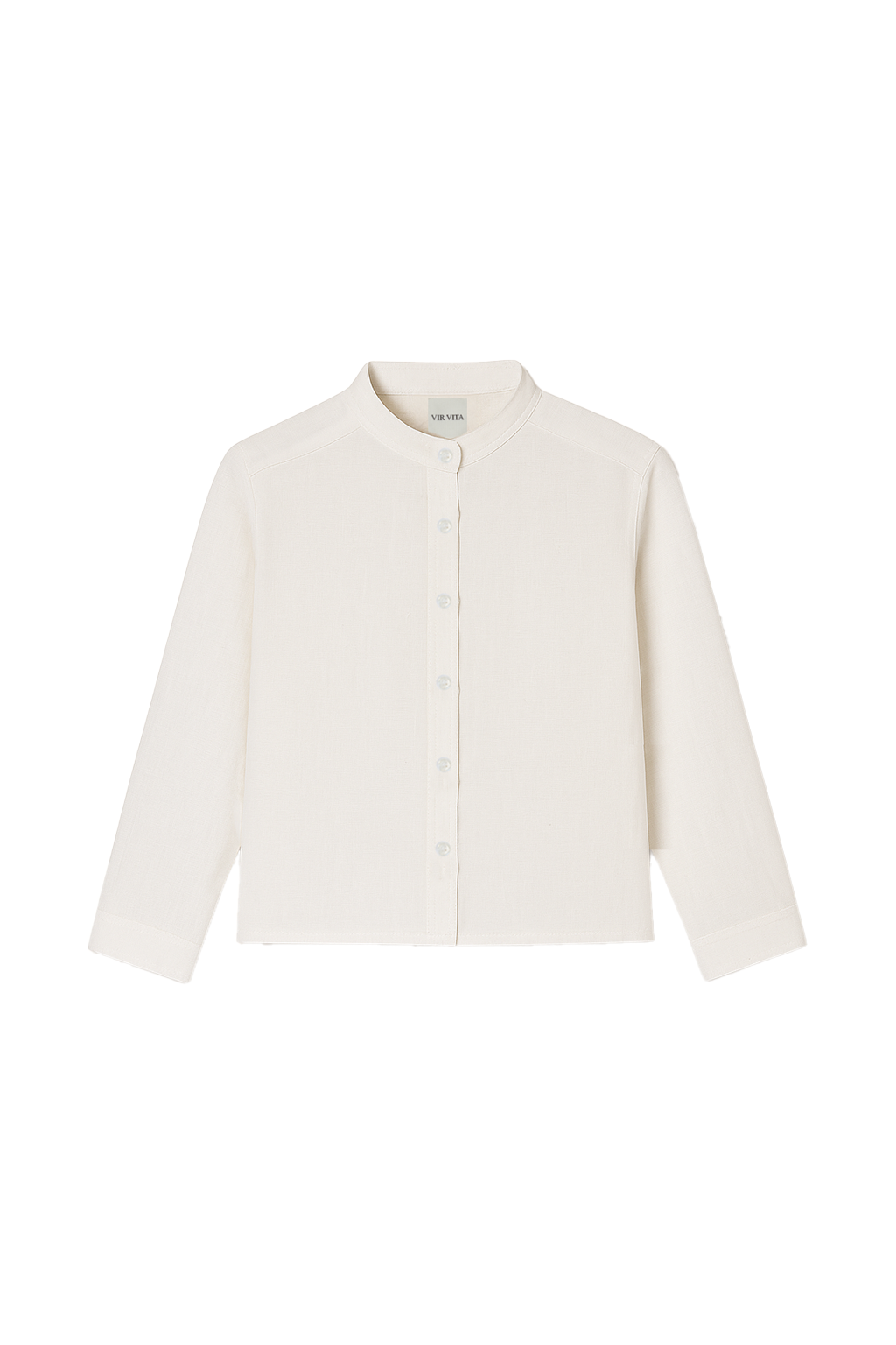 Flat image of a white button up 100% linen shirt with a band collar and cropped silhouette - VIR VITA
#color_white