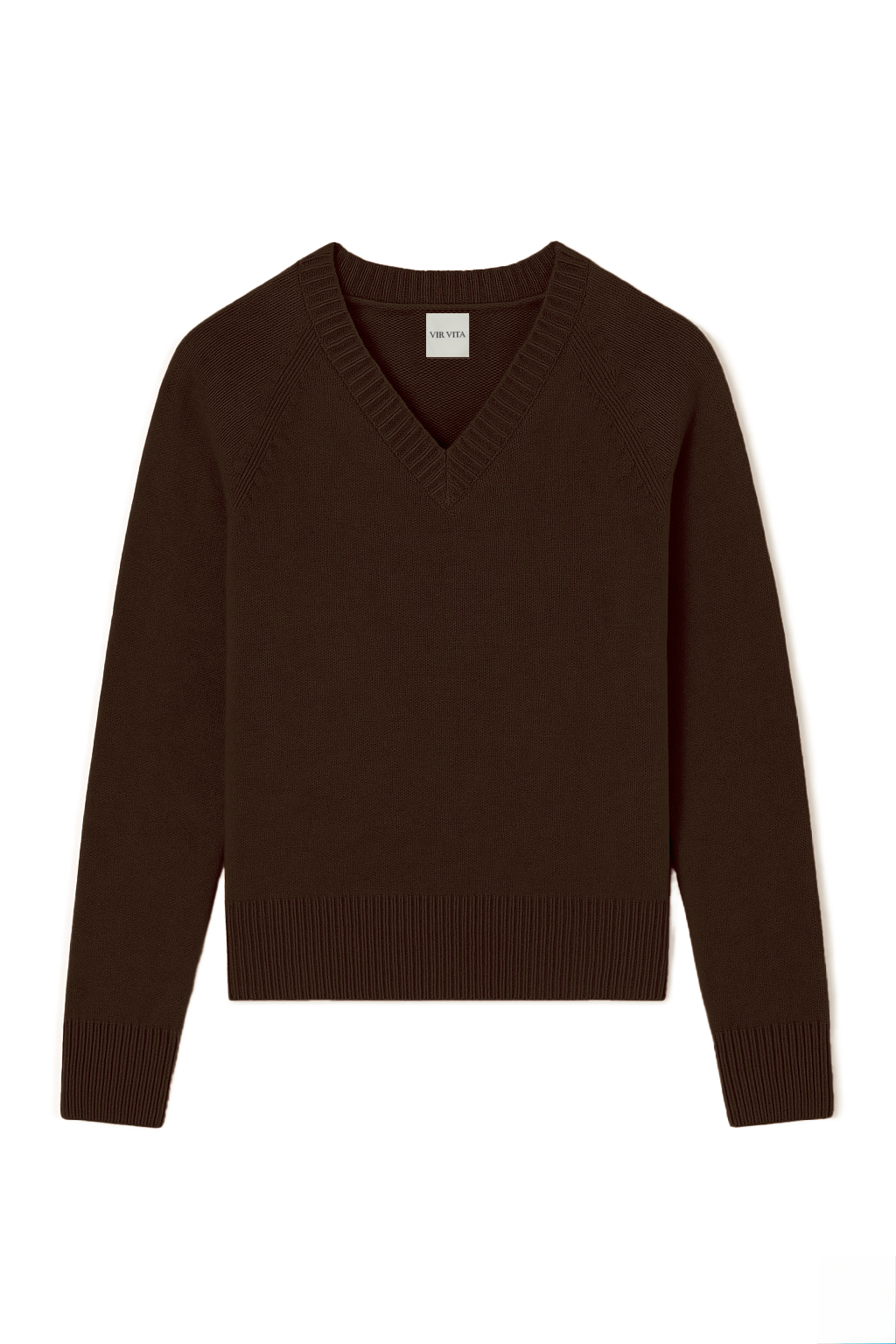 Flat image of an ultra-soft luxurious cashmere pullover sweater featuring a v-neck design in dark brown- VIR VITA
#color_espresso
