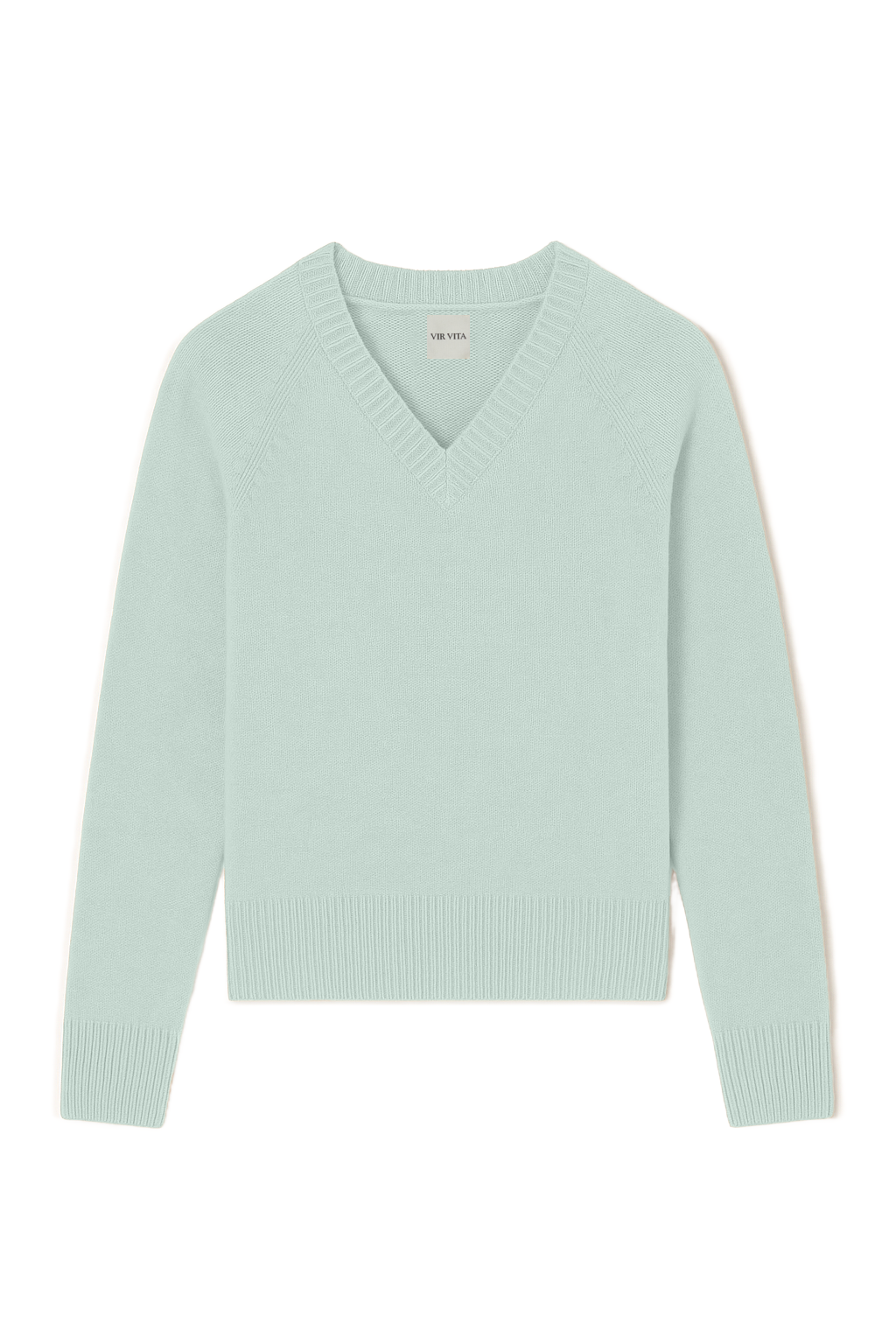 Flat image of an ultra-soft luxurious cashmere pullover sweater featuring a v-neck design in teal blue- VIR VITA
#color_sea glass