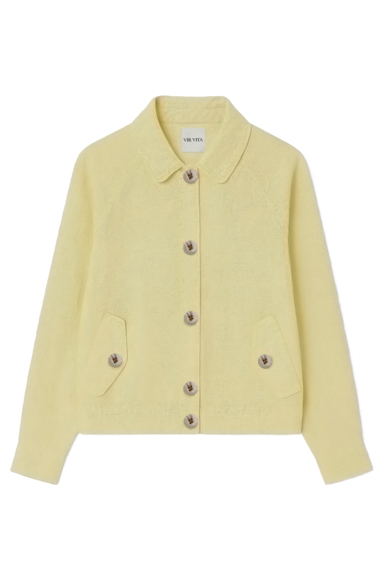 Flat image of a sustainable pale yellow 100% linen barn jacket - VIR VITA

#color_butter