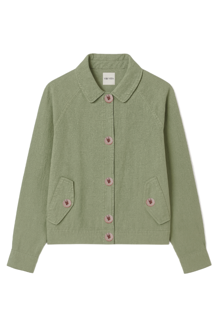 Flat image of a sustainable sage green 100% linen barn jacket - VIR VITA
#color_sage