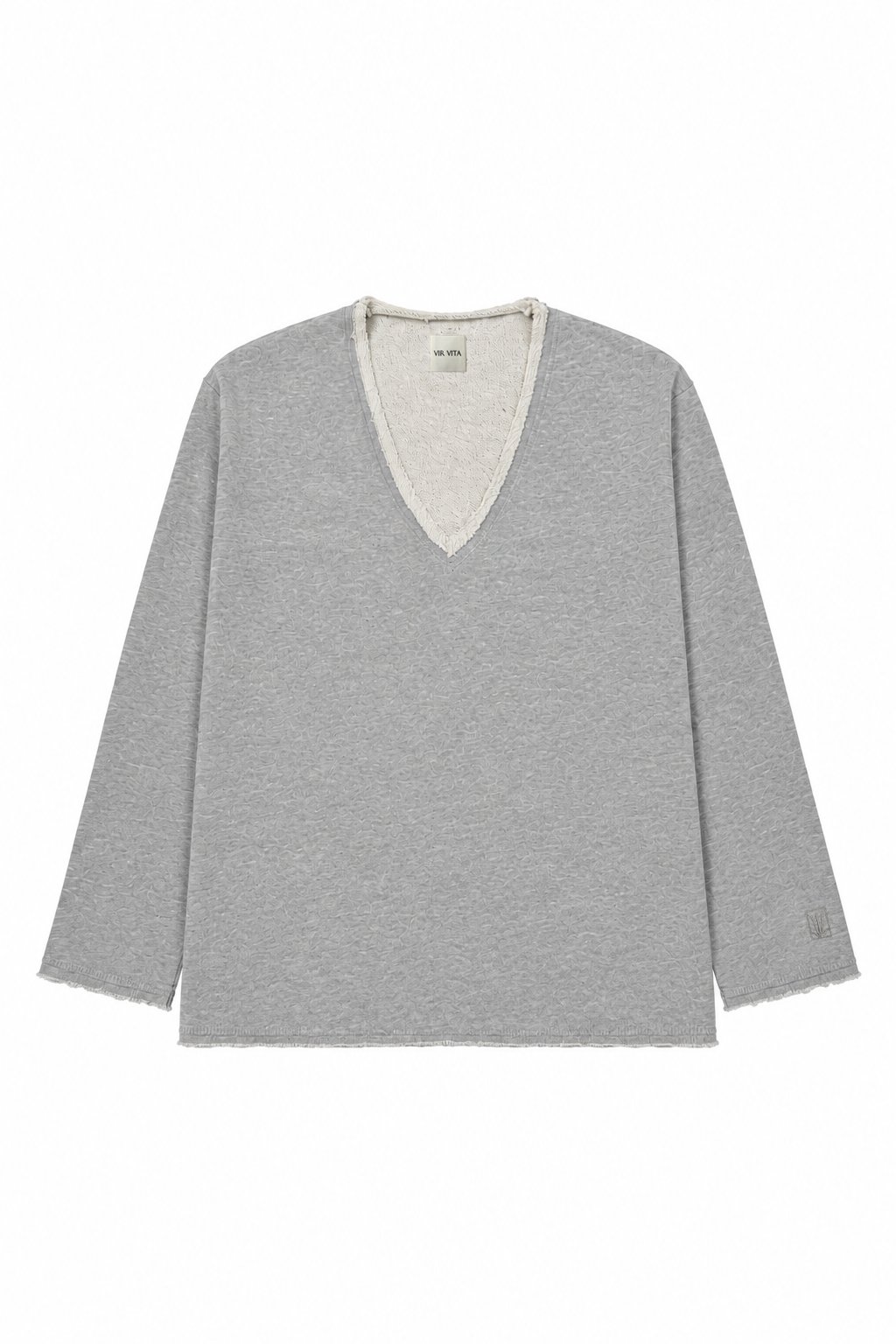 Heather grey cotton V-neck sweatshirt with a relaxed fit, long sleeves, and raw-edge detailing. - VIR VITA
#color_heather grey