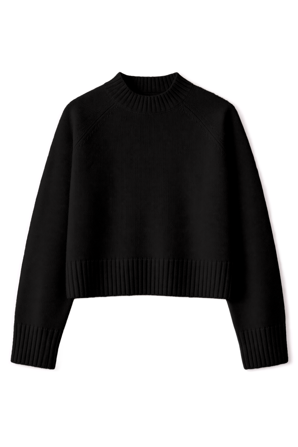 Flat image of a classic mock neck raglan sleeve cashmere fitted sweater in black. Crafted in cashmere with a ribbed hem that sits at the waist. - VIR VITA
#color_black