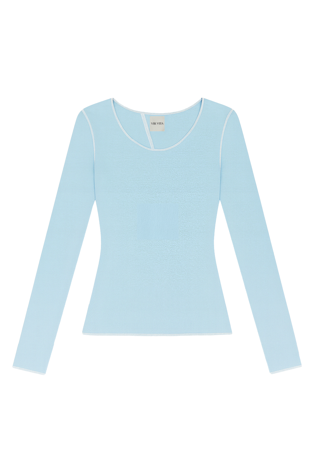 Flat image of a light blue sustainable micro modal long sleeve with merrow stitch detailing. Classic, timeless, elegant, french style. Natural organic clothing - VIR VITA

#color_baby blue