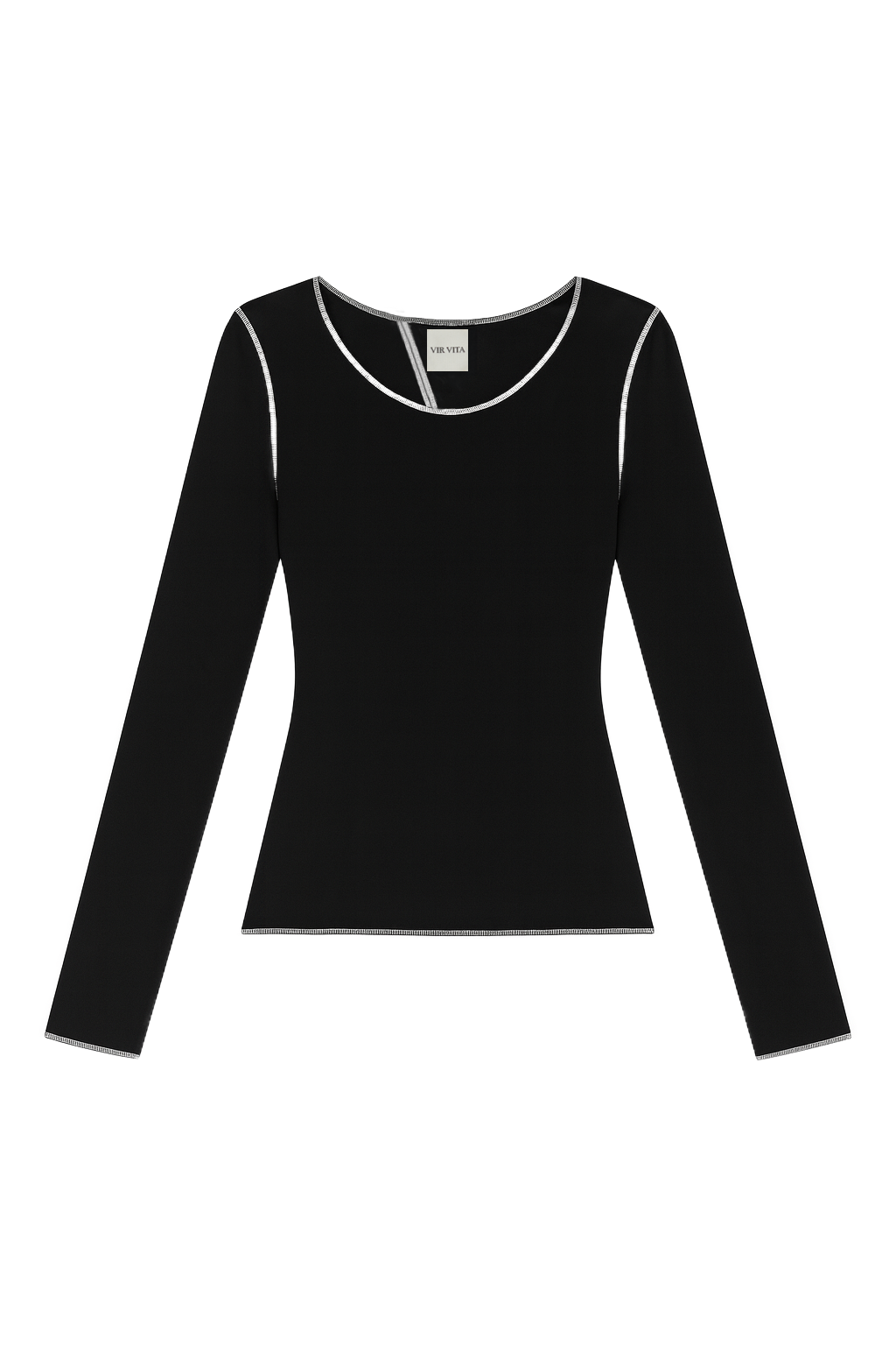 Flat image of a black sustainable micro modal long sleeve with merrow stitch detailing. Classic, timeless, elegant, french style. Natural organic clothing - VIR VITA

#color_black