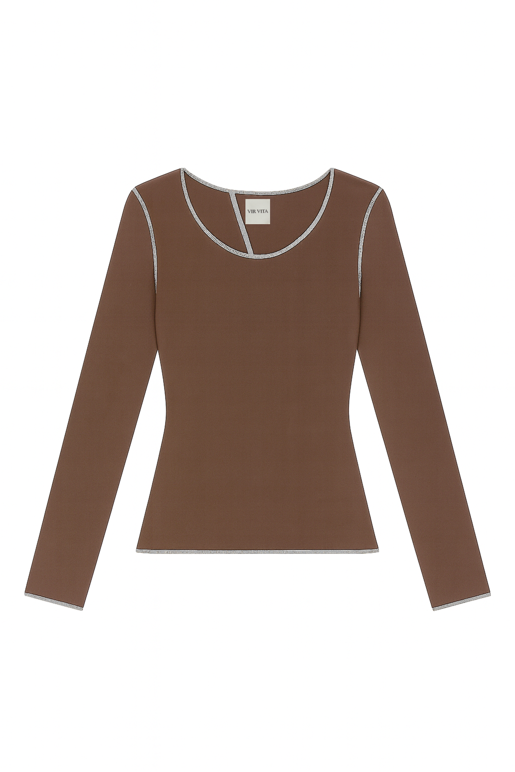 Flat image of a dark brown sustainable micro modal long sleeve with merrow stitch detailing. Classic, timeless, elegant, french style. Natural organic clothing - VIR VITA

#color_chestnut