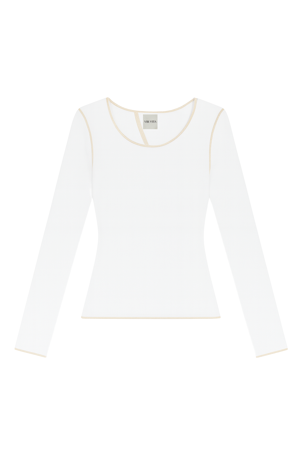 Flat image of a white sustainable micro modal long sleeve with merrow stitch detailing. Classic, timeless, elegant, french style. Natural organic clothing - VIR VITA

#color_coconut