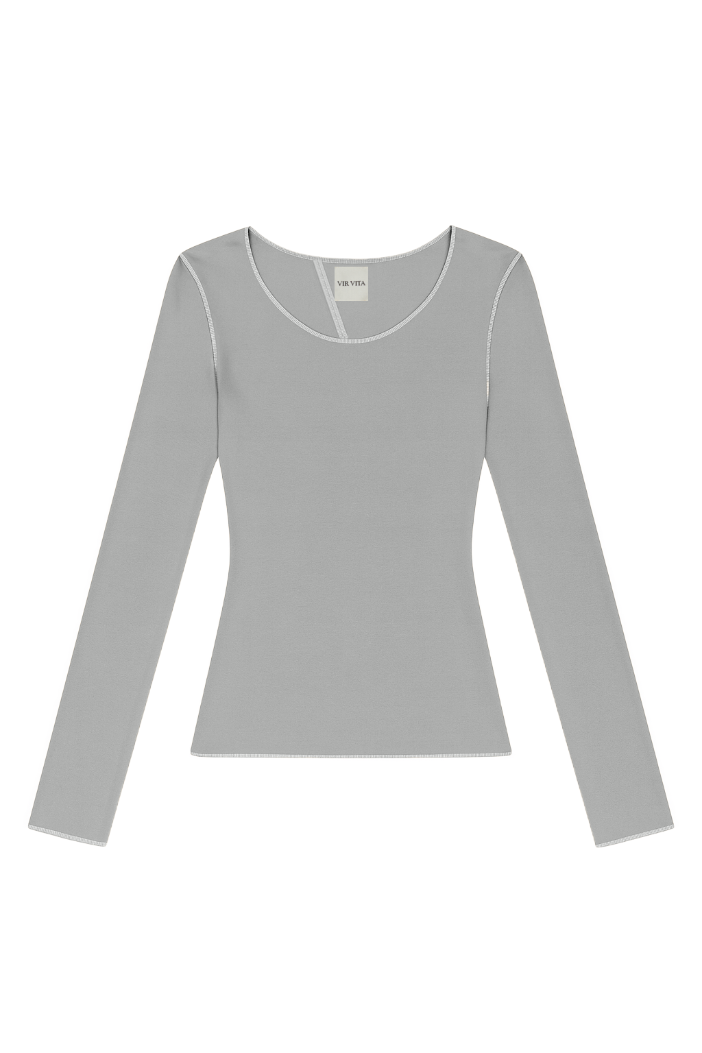 Flat image of a grey sustainable micro modal long sleeve with merrow stitch detailing. Classic, timeless, elegant, french style. Natural organic clothing - VIR VITA

#color_grey