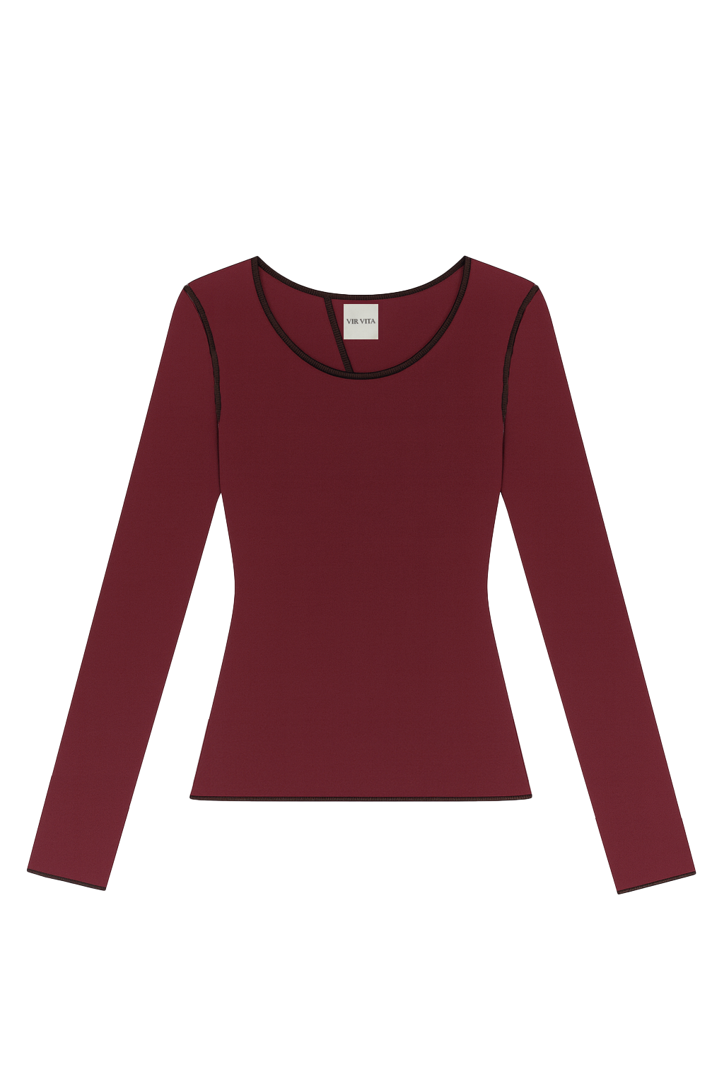 Flat image of a maroon sustainable micro modal long sleeve with merrow stitch detailing. Classic, timeless, elegant, french style. Natural organic clothing - VIR VITA

#color_maroon