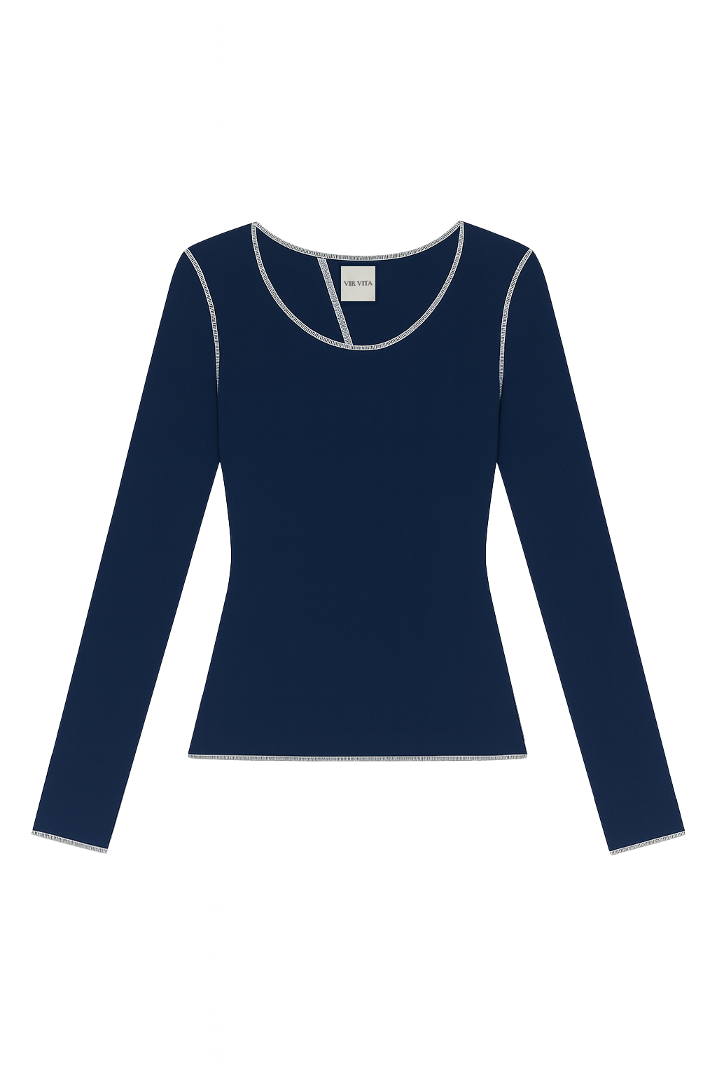 Flat image of a navy blue sustainable micro modal long sleeve with merrow stitch detailing. Classic, timeless, elegant, french style. Natural organic clothing - VIR VITA

#color_navy