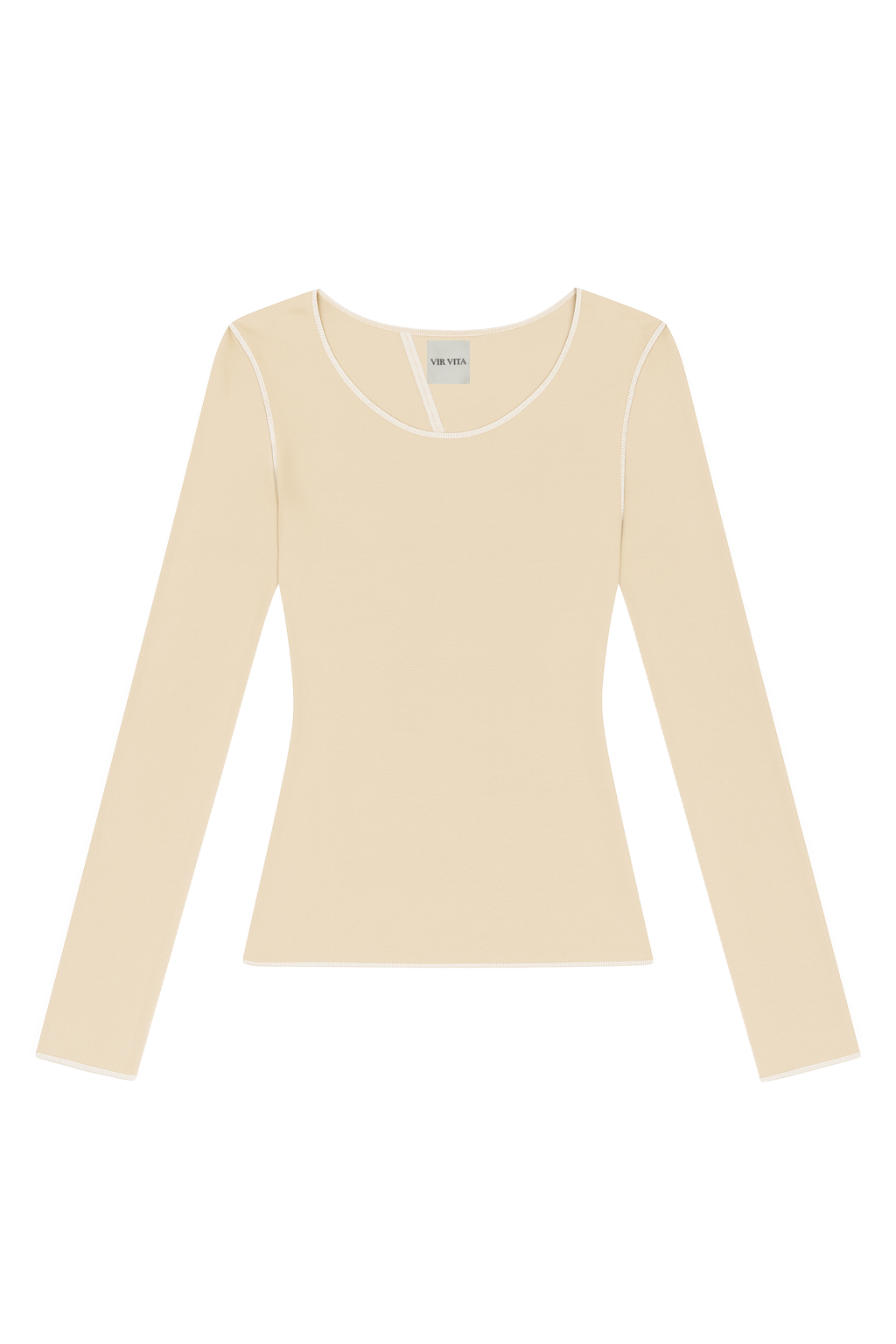 Flat image of a toffee beige sustainable micro modal long sleeve with merrow stitch detailing. Classic, timeless, elegant, french style. Natural organic clothing - VIR VITA

#color_toffee