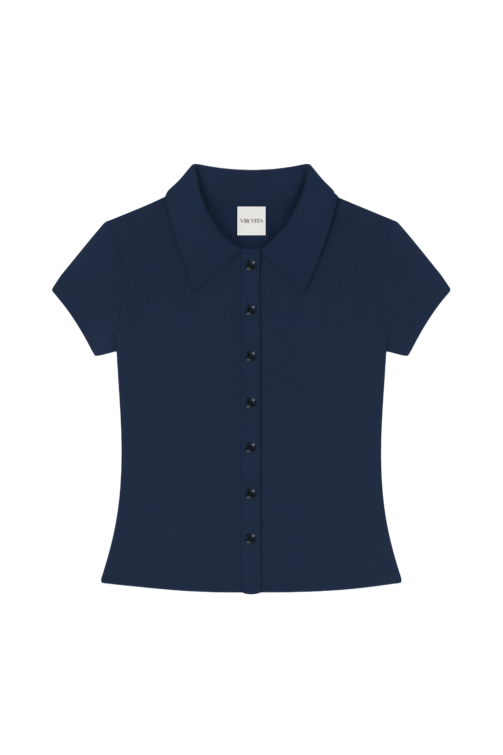 Flat image of navy blue sustainable micro modal short sleeve ribbed polo top with italian button detailing. Classic, timeless, elegant, french style. Natural organic clothing - VIR VITA

#color_navy