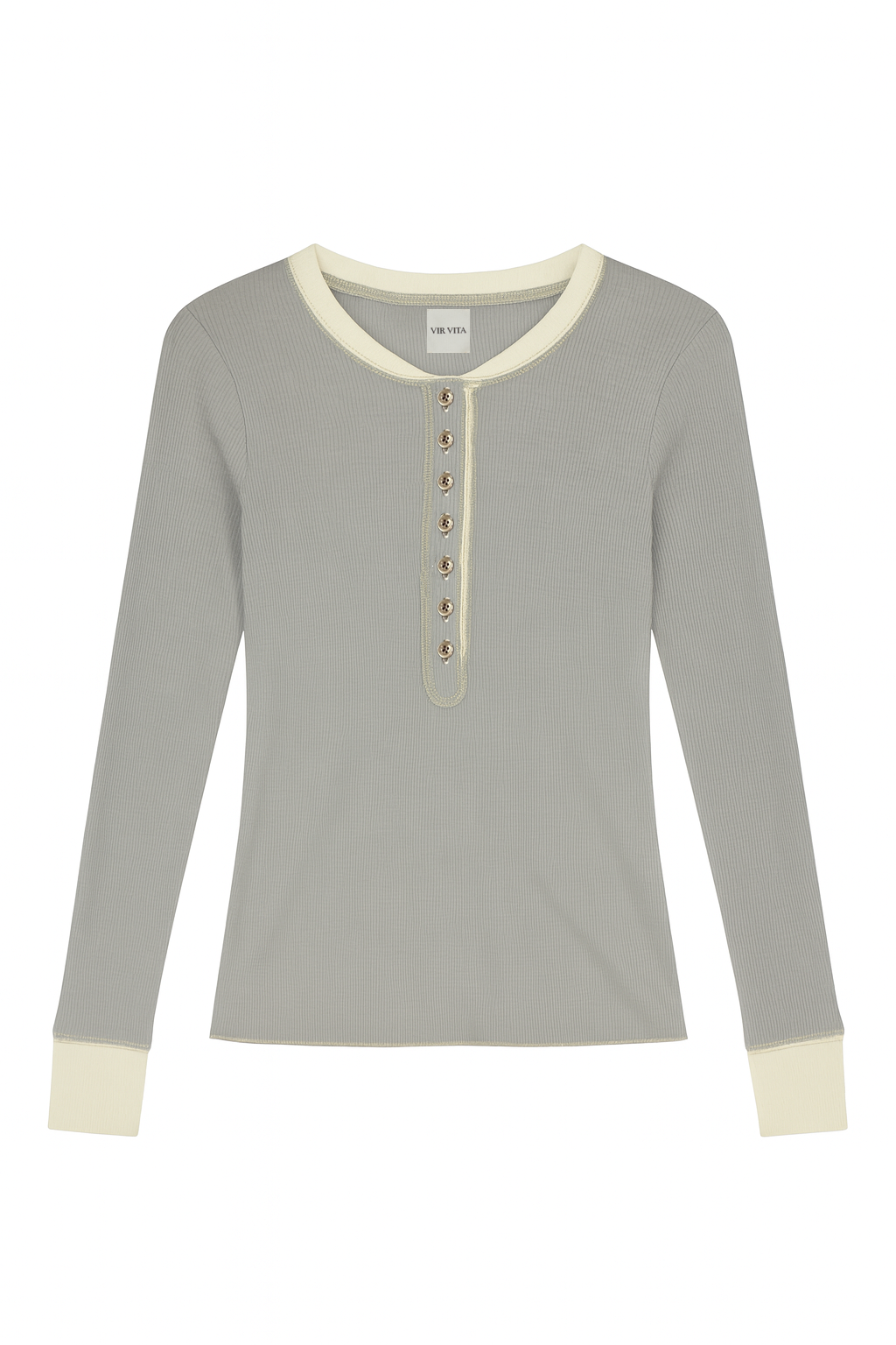 Flat image of a grey sustainable micro modal long sleeve henley top with italian button detailing. Classic, timeless, elegant, french style. Natural organic clothing - VIR VITA
#color_grey