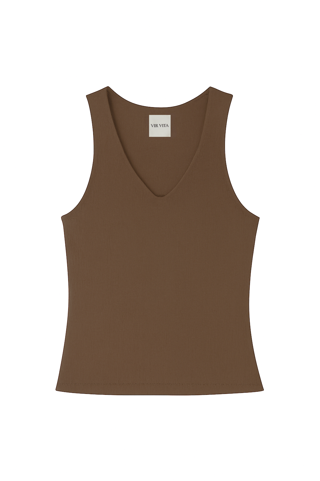 Flat image of a dark brown sustainable micro modal ribbed double lined tank top with unique U neckline - VIR VITA
#color_chestnut