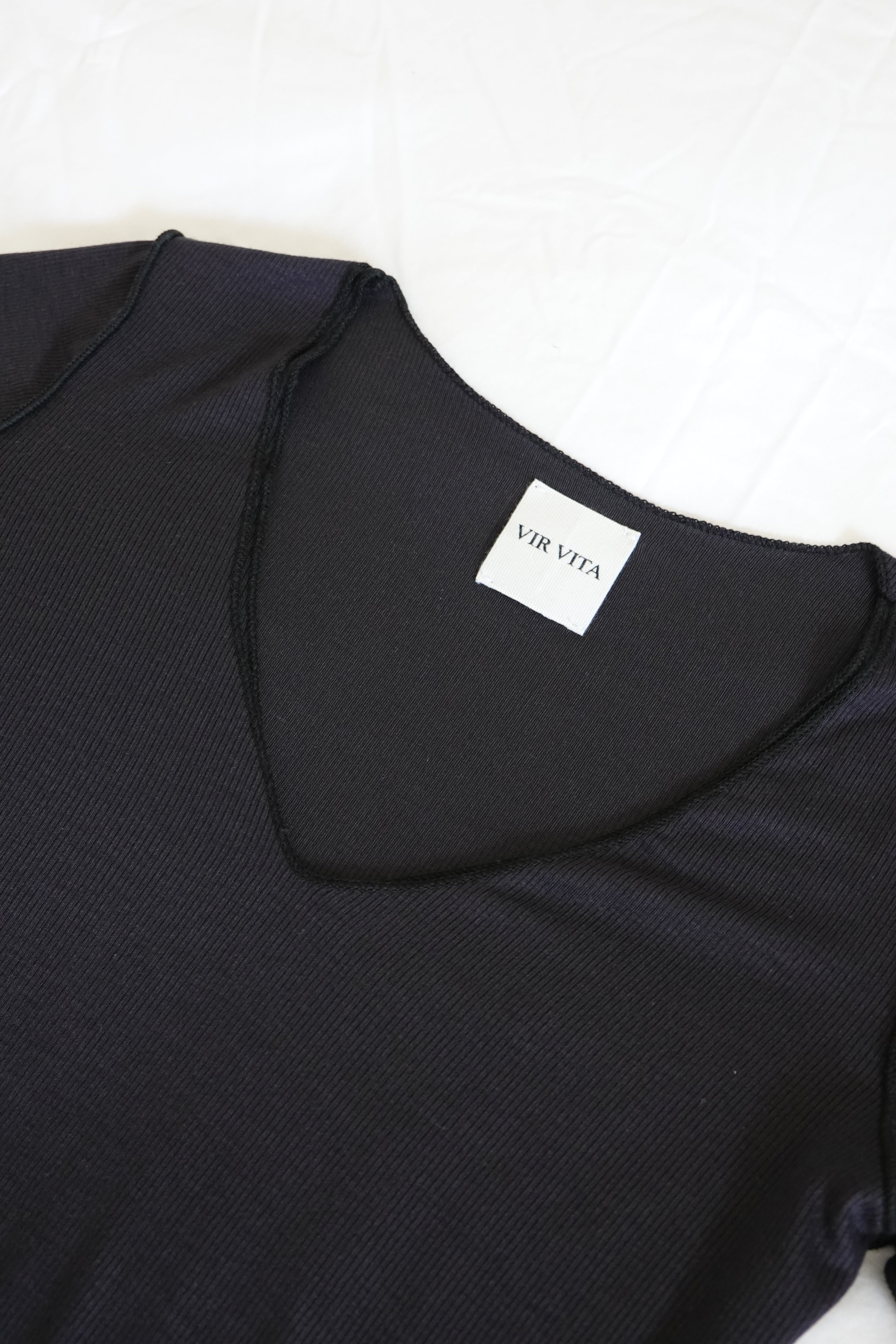 sustainable micro modal black buttery soft double lined v neck long sleeve ribbed top. Classic, timeless, elegant, french style. natural organic clothing- VIR VITA

#color_black