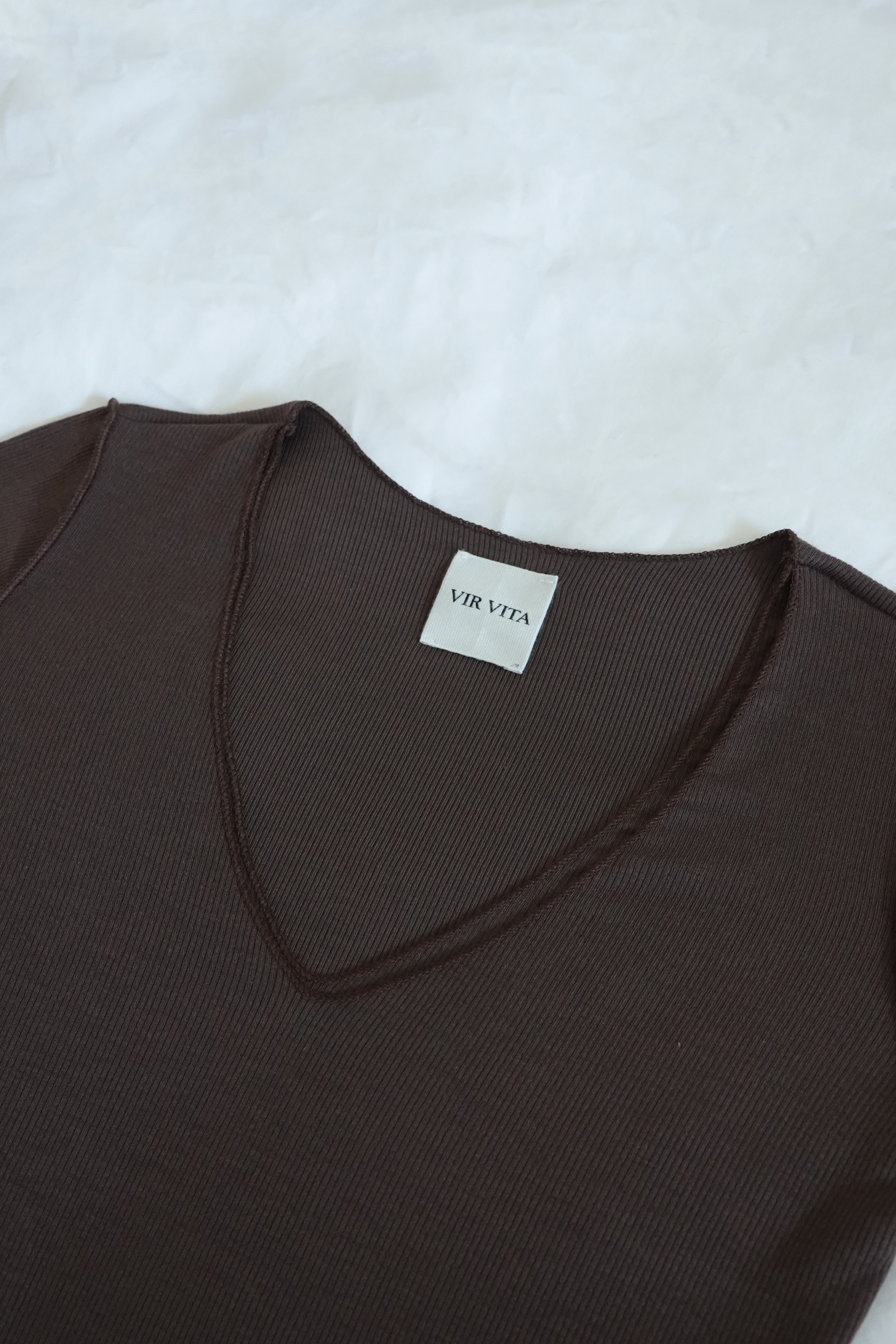 sustainable micro modal brown buttery soft double lined v neck long sleeve ribbed top. Classic, timeless, elegant, french style. natural organic clothing- VIR VITA

#color_chestnut