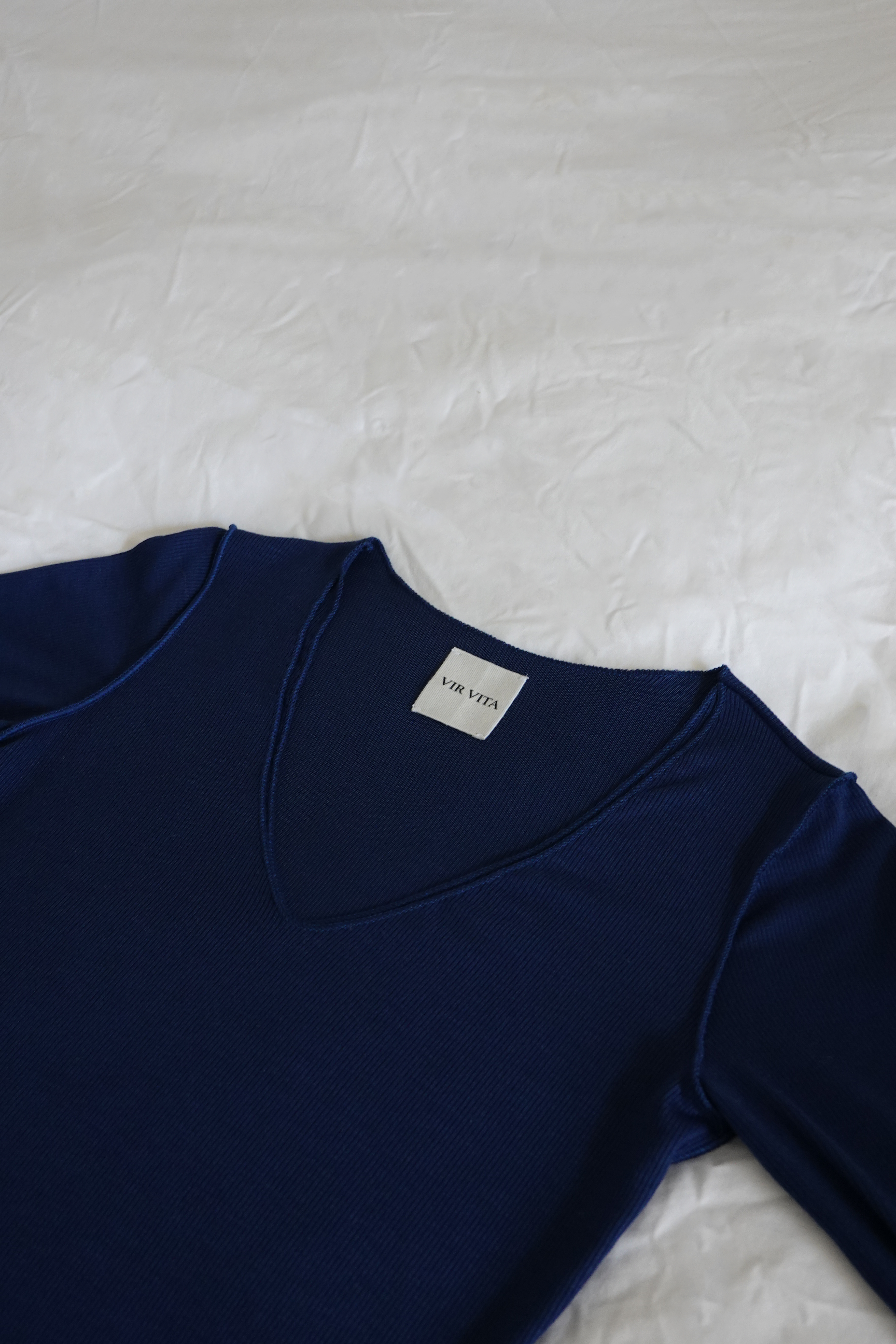  sustainable micro modal navy buttery soft double lined v neck long sleeve ribbed top. Classic, timeless, elegant, french style. natural organic clothing- VIR VITA
#color_navy