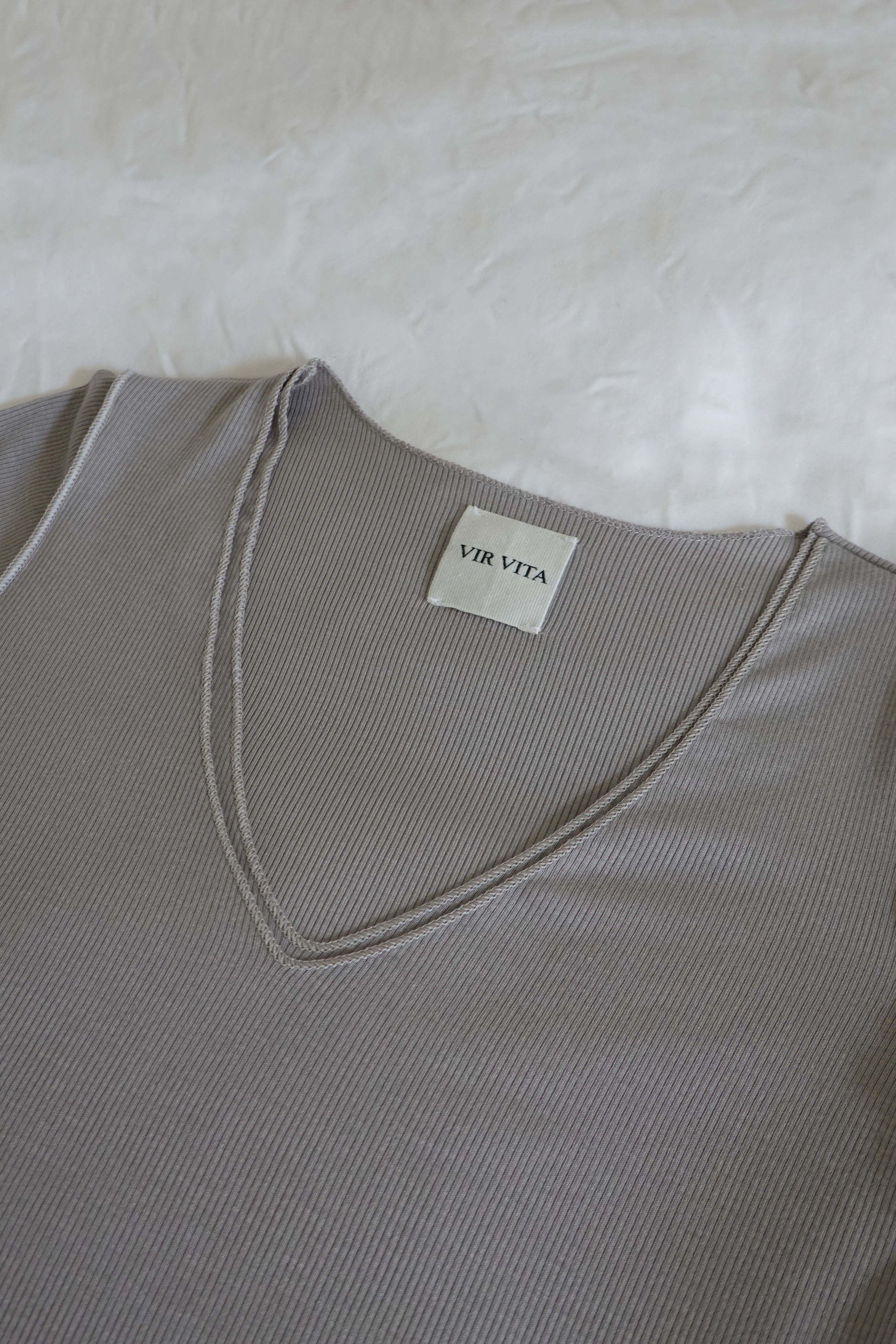  sustainable micro modal grey buttery soft double lined v neck long sleeve ribbed top. Classic, timeless, elegant, french style. natural organic clothing- VIR VITA
#color_grey