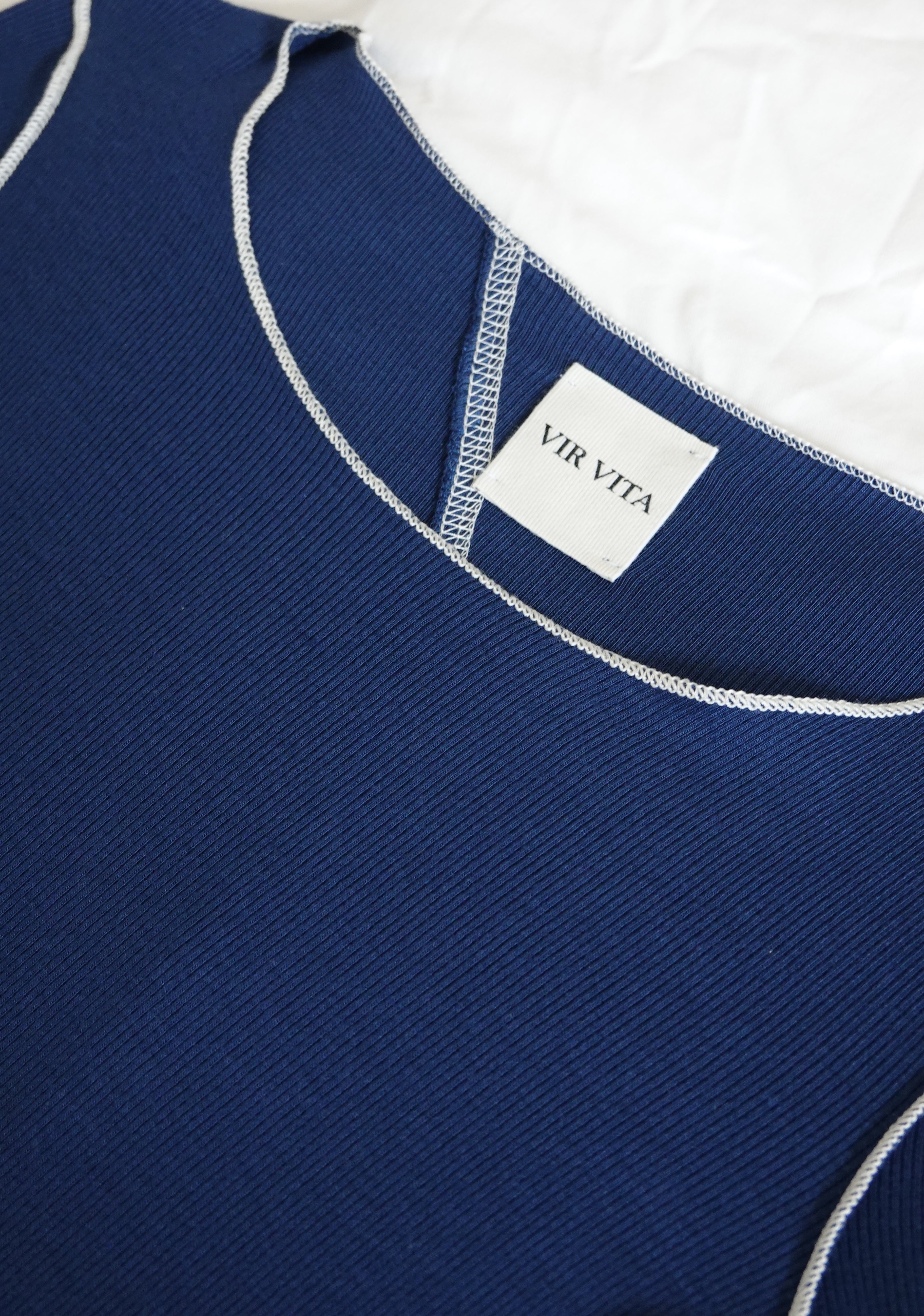 Navy sustainable micro modal long sleeve with merrow stitch detailing. Classic, timeless, elegant, french style. Natural organic clothing - VIR VITA

#color_navy