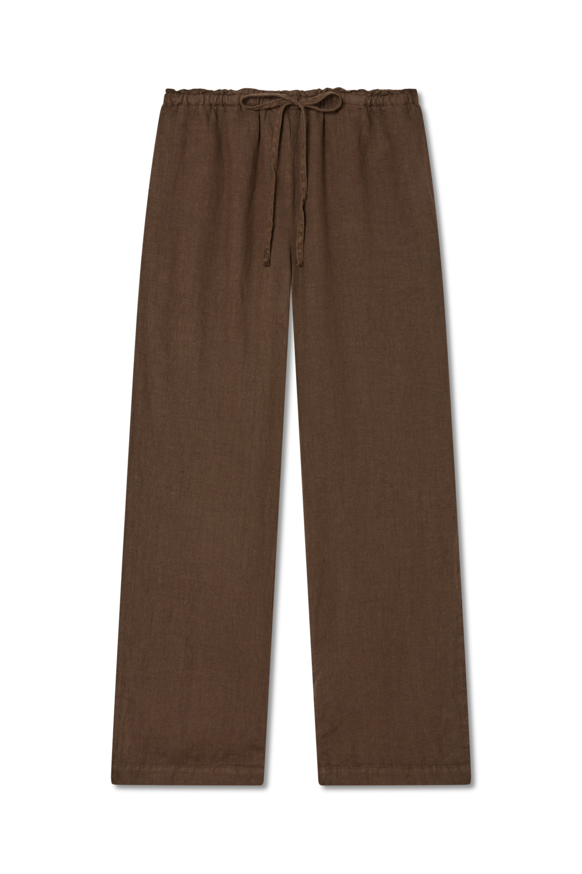 Sustainable dark brown drawstring linen pant made of 100% linen featuring a relaxed straight-leg fit - VIR VITA #color_chestnut
