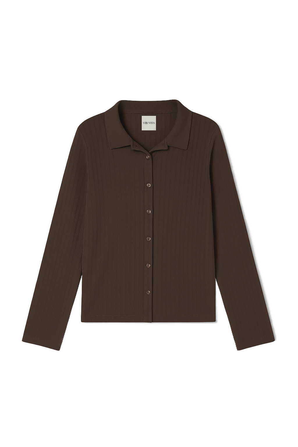 Sustainable 100% cotton dark brown pointelle relaxed cardigan with collar and matching italian buttons. Classic, timeless, elegant, french style. Natural organic clothing - VIR VITA 
#color_espresso