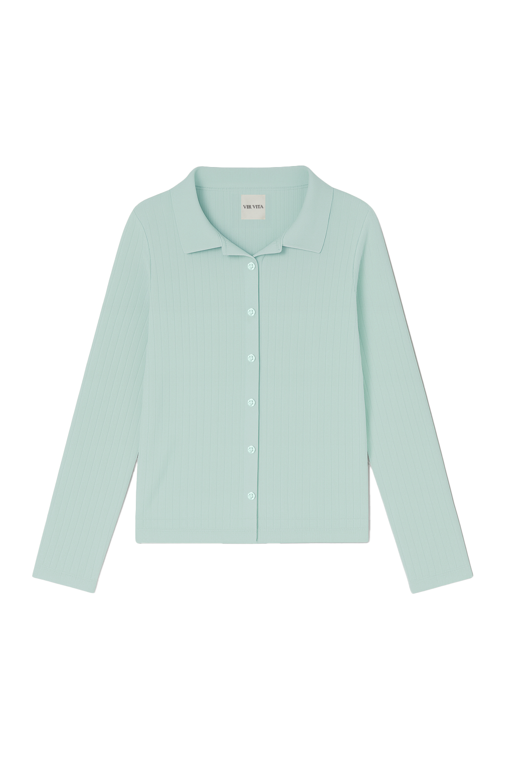 Sustainable 100% cotton light turquoise pointelle relaxed cardigan with collar and matching italian buttons. Classic, timeless, elegant, french style. Natural organic clothing - VIR VITA 
#color_sea glass