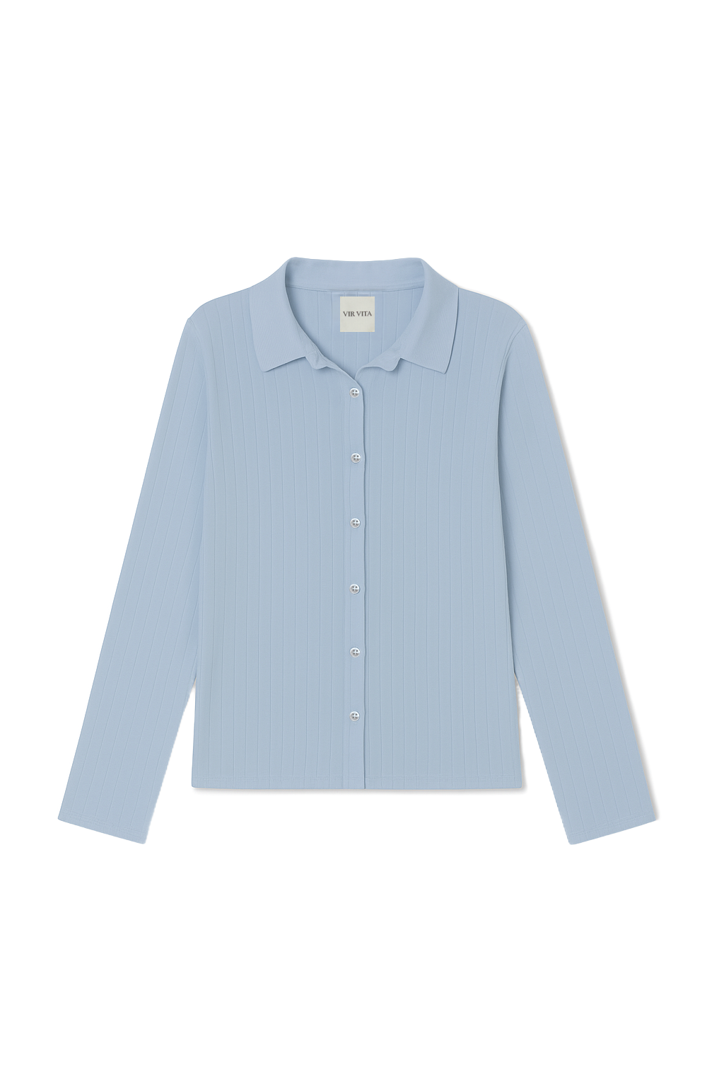 Flat image of a sustainable 100% cotton light blue pointelle relaxed cardigan with collar and italian buttons. Classic, timeless, elegant, french style. Natural organic clothing - VIR VITA

#color_vintage blue