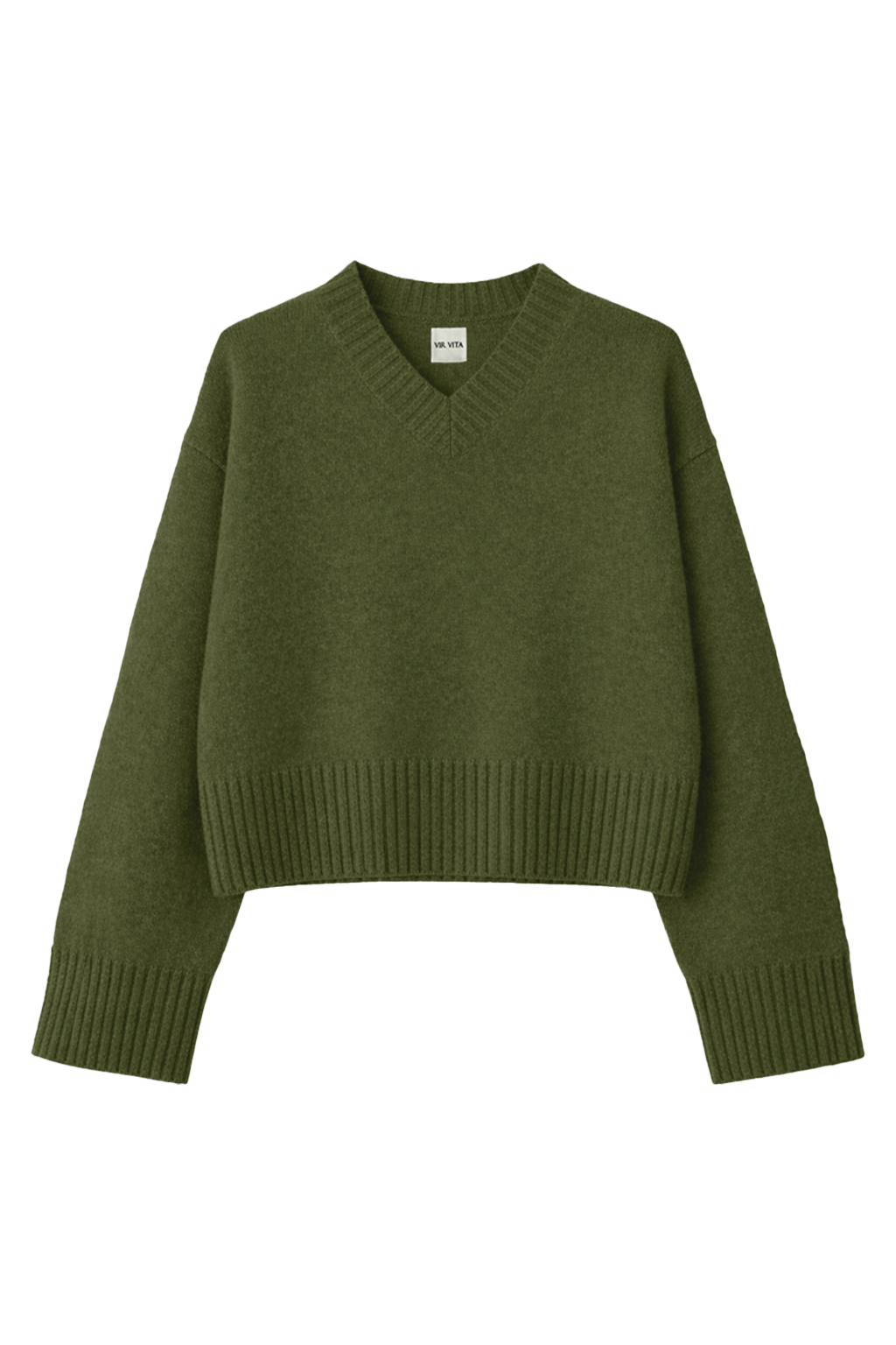 Crafted from 100% Grade A cashmere with a relaxed fit, dropped shoulders, a classic V-neckline, and a clean, slightly cropped silhouette. - VIR VITA
#color_moss