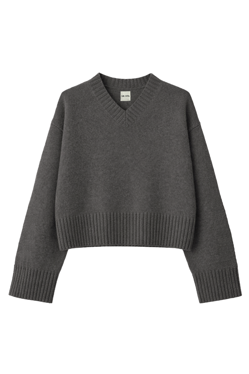 A relaxed V-neck sweater crafted from 100% Grade A cashmere, featuring dropped shoulders, a boxy silhouette, and wide ribbed trims. - VIR VITA
#color_stonegrey