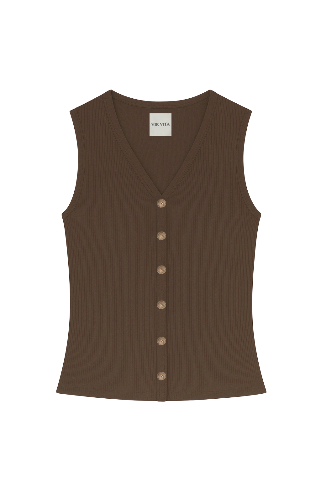 Flat image of a sustainable supima cotton dark brown ribbed vest with italian buttons  Classic, timeless, elegant, french style. Natural organic clothing - VIR VITA

#color_chestnut