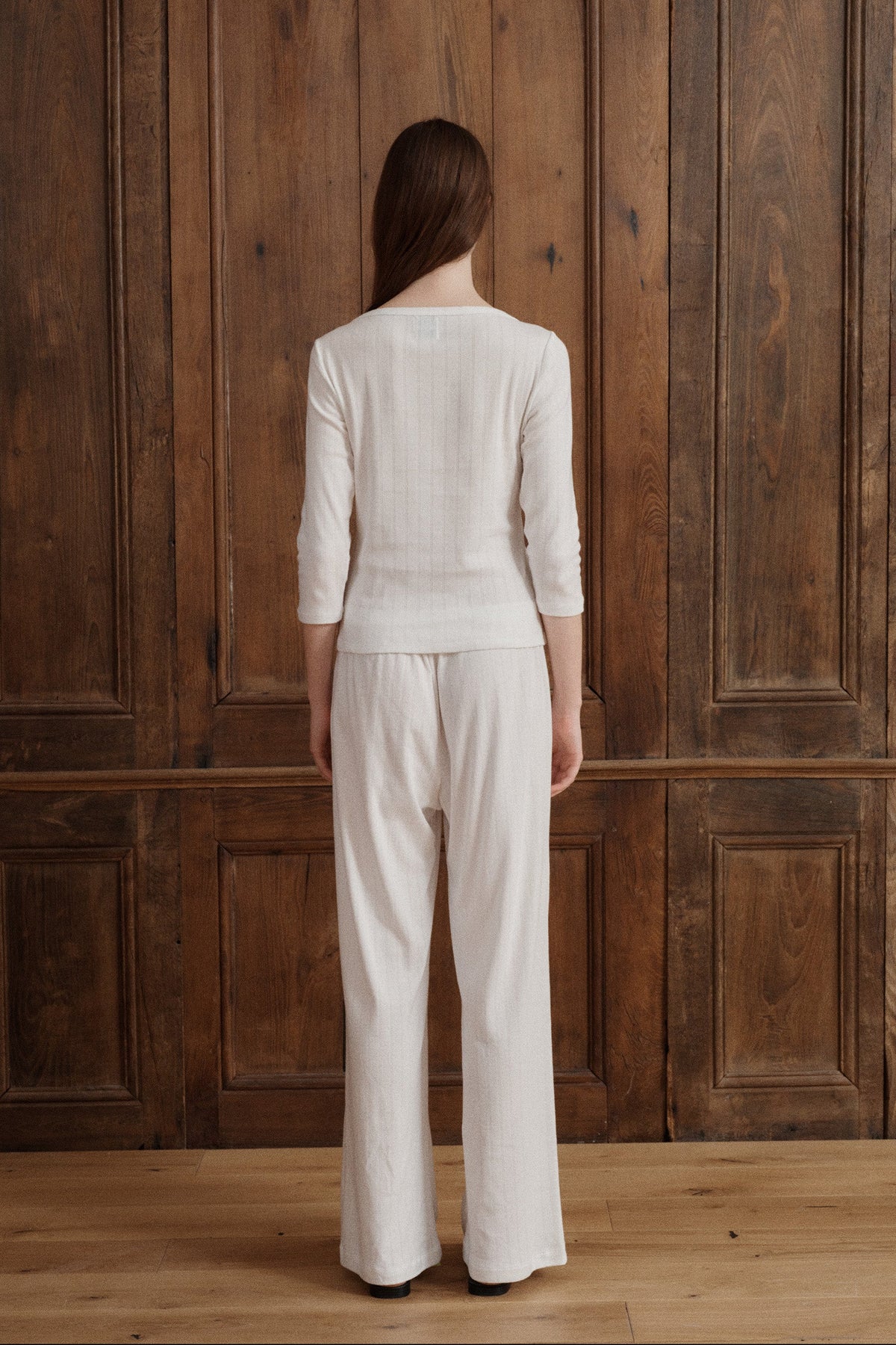 Women’s pointelle cotton boatneck top in white with long sleeves and a delicate openwork texture. - VIR VITA
#color_coconut