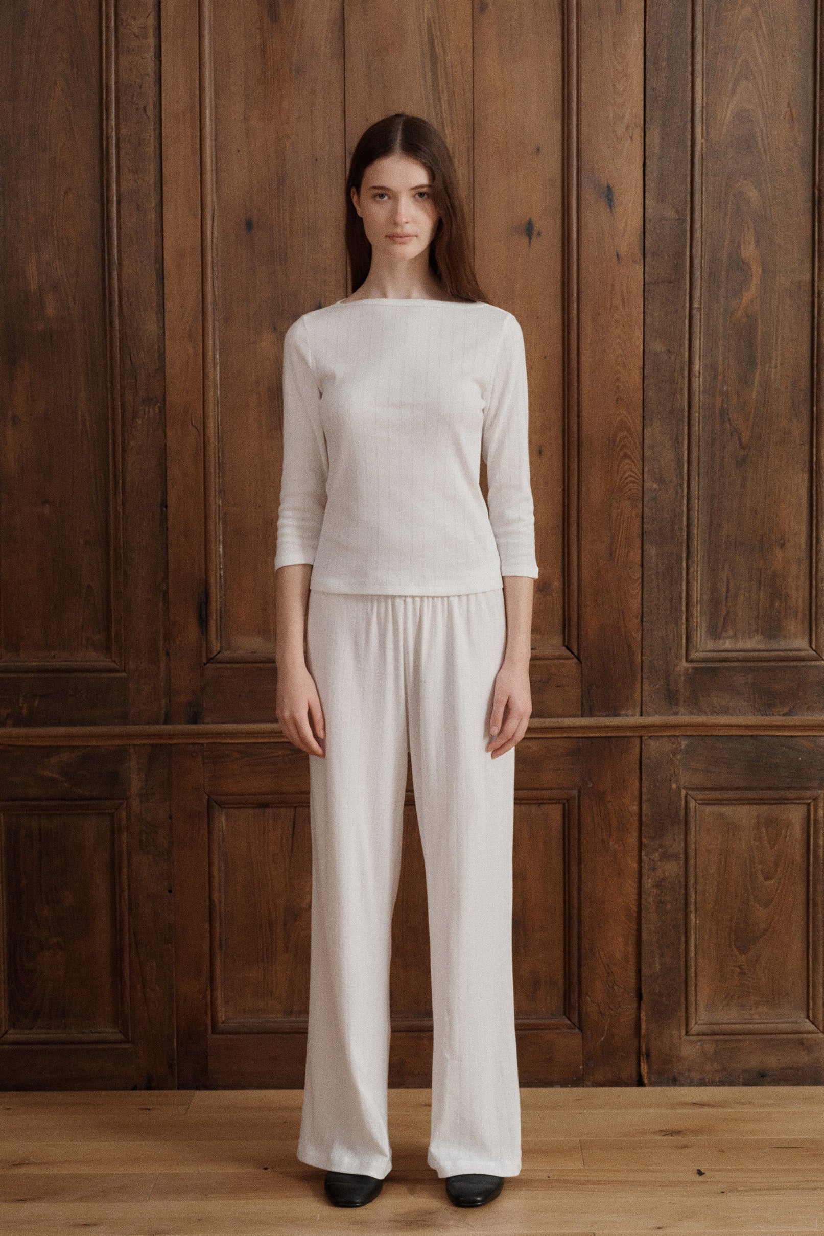 Women’s white pointelle long sleeve top crafted from soft cotton with a delicate textured knit. - VIR VITA
#color_coconut