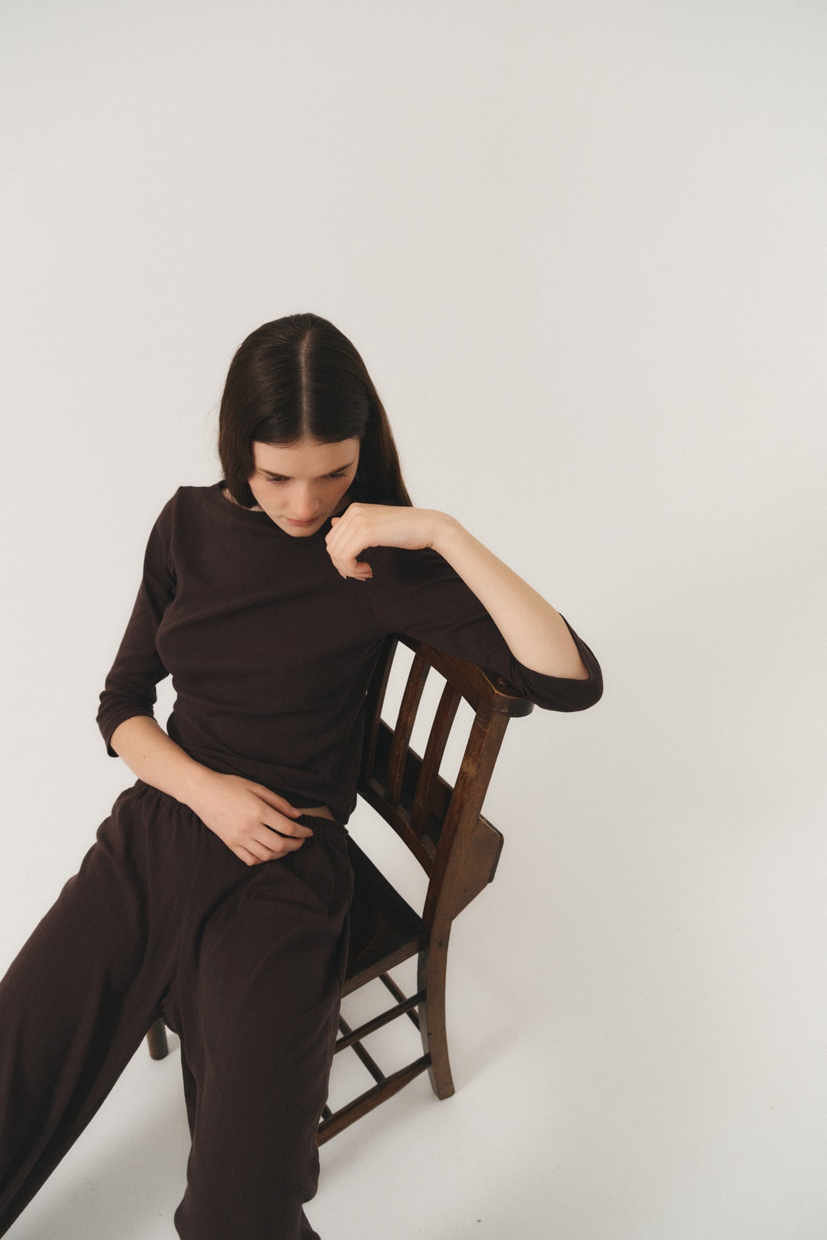Women’s pointelle long sleeve top in deep brown with a wide neckline and delicate cotton construction. - VIR VITA
#color_espresso
