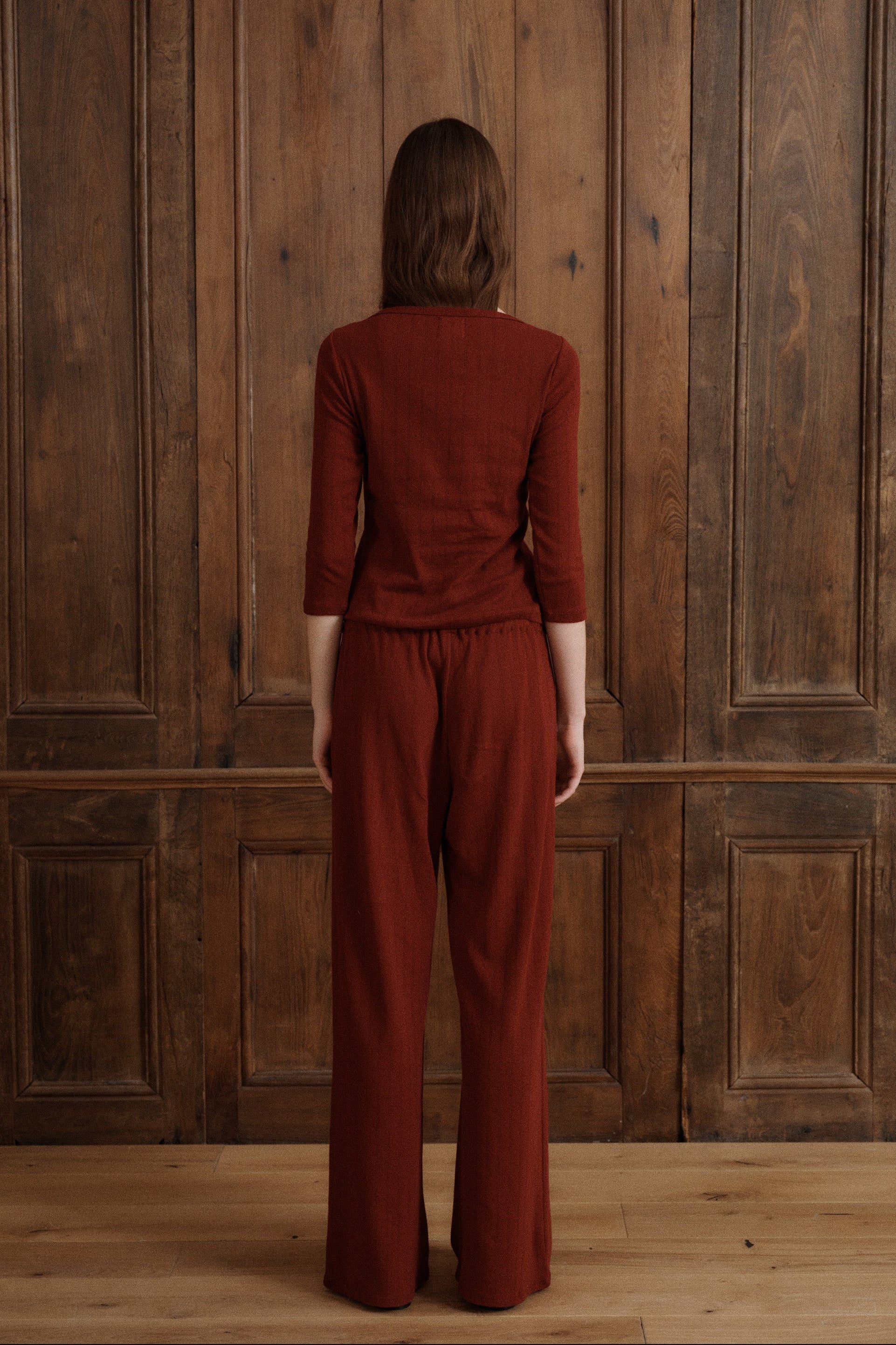 Merlot red pointelle long sleeve top crafted from breathable cotton with a close-fitting silhouette. - VIR VITA
#color_merlot