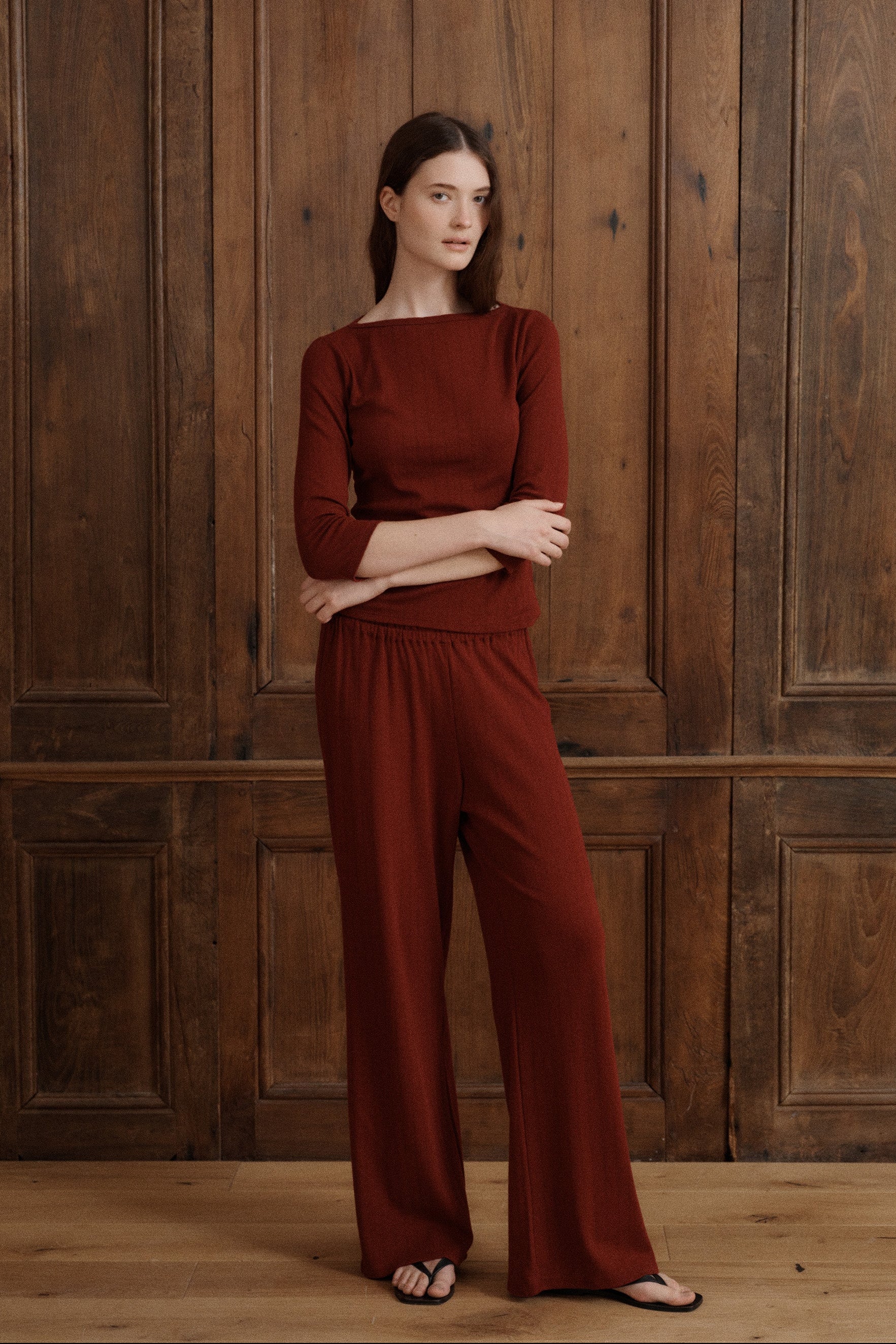 Women’s merlot red pointelle top with a delicate cotton knit texture and classic long sleeves. - VIR VITA
#color_merlot