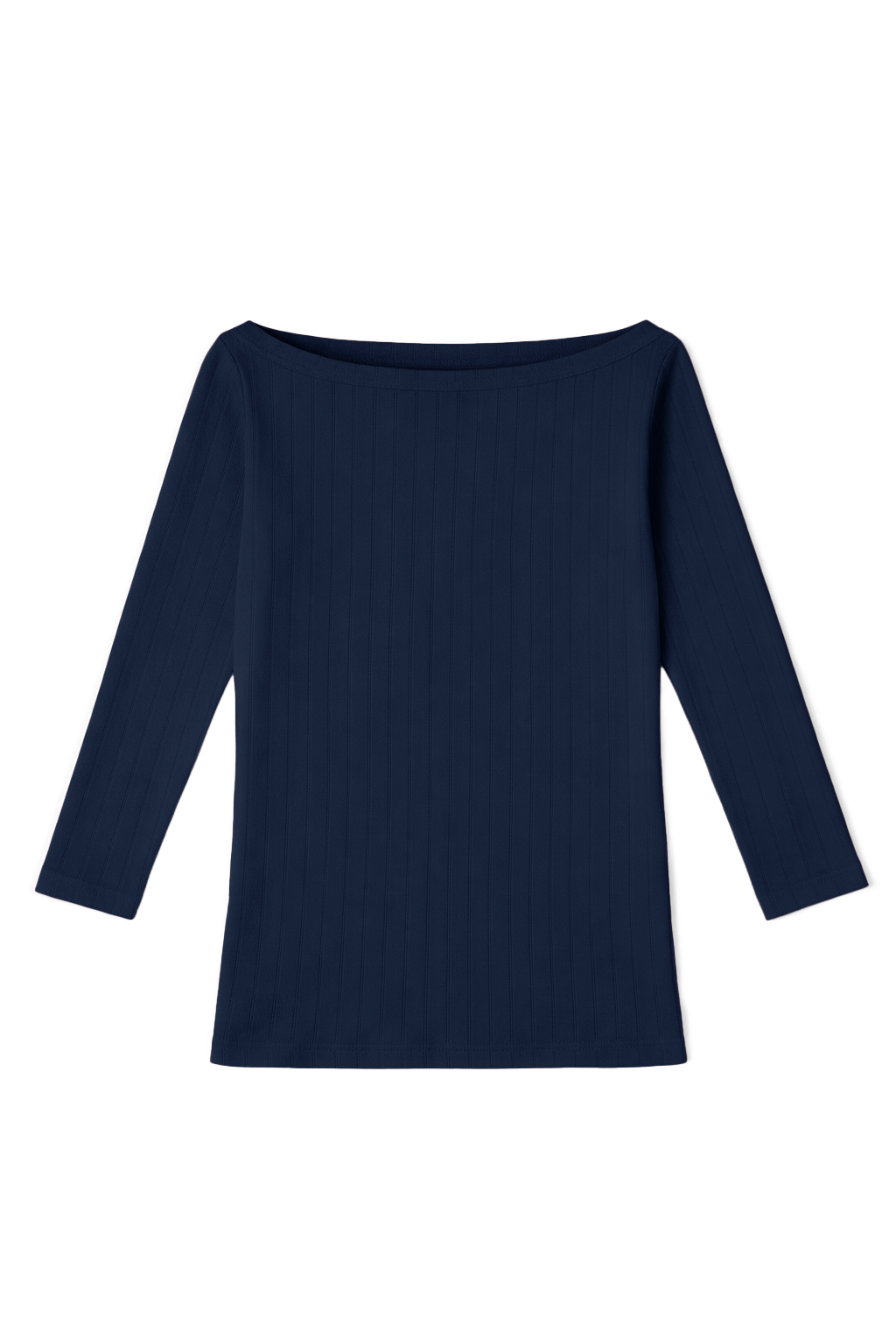 Women’s navy pointelle knit top with a boat neckline, long sleeves, and delicate openwork detailing. - VIR VITA
#color_midnight