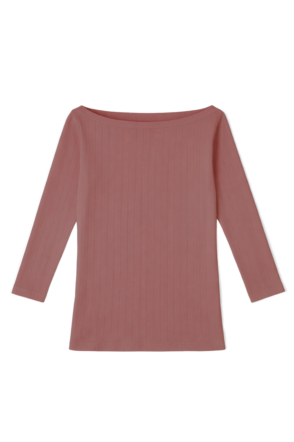 Pink cotton pointelle boatneck top with a soft textured finish and fitted long sleeve silhouette. - VIR VITA
#color_petal