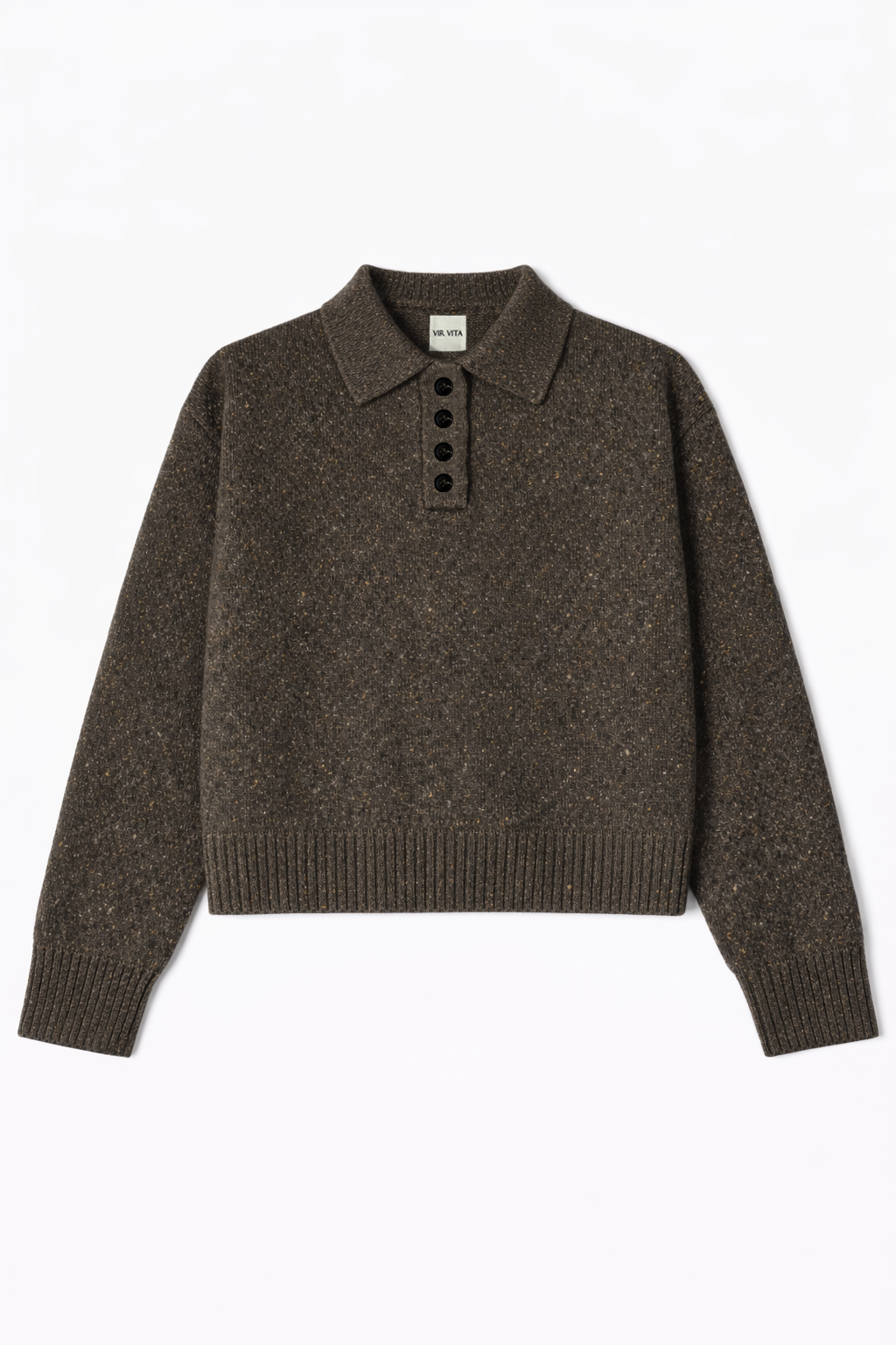 Flat image of a speckled deep brown polo sweater crafted from soft cashmere. Designed with a structured collar, shoulder, and four-button front closure for a timeless look. - VIR VITA 
#color_oak