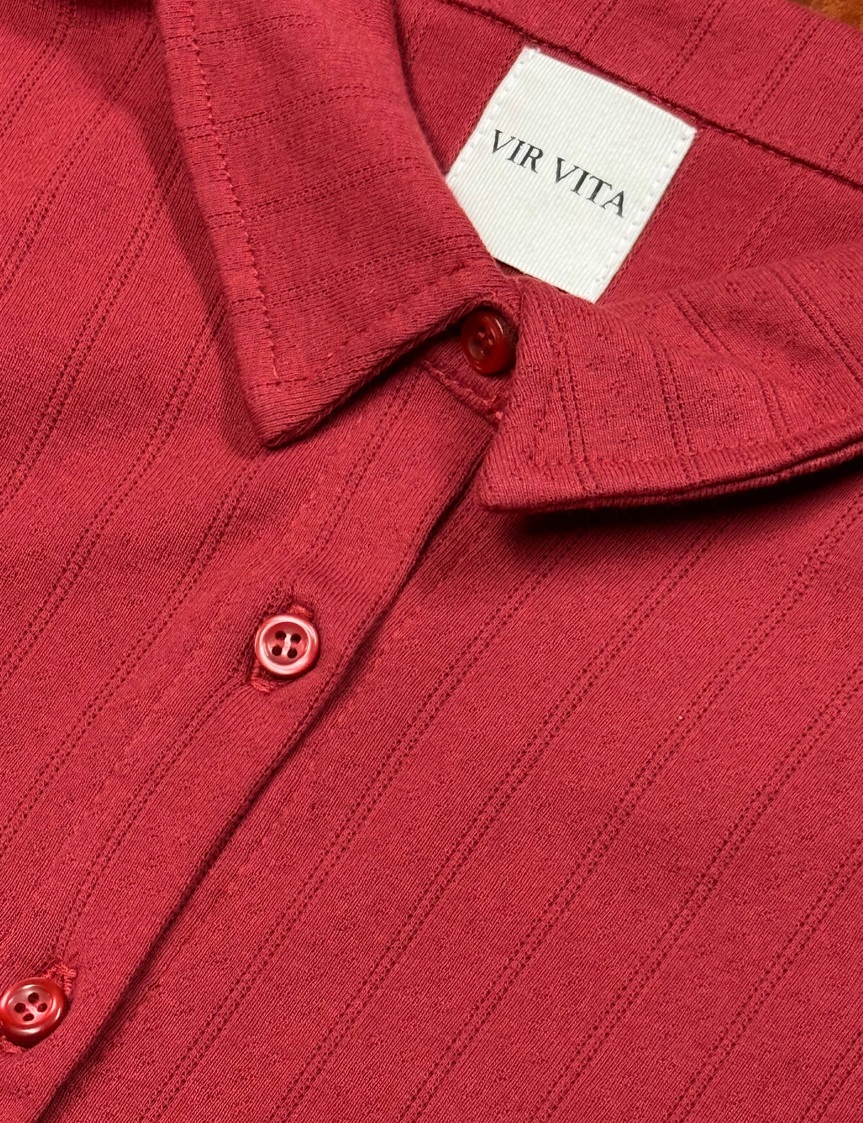 Sustainable 100% cotton red pointelle relaxed cardigan with collar and italian buttons  and brown pointelle luxury lounge pant. Classic, timeless, elegant, french style. Natural organic clothing - VIR VITA

#color_sun dried tomato 