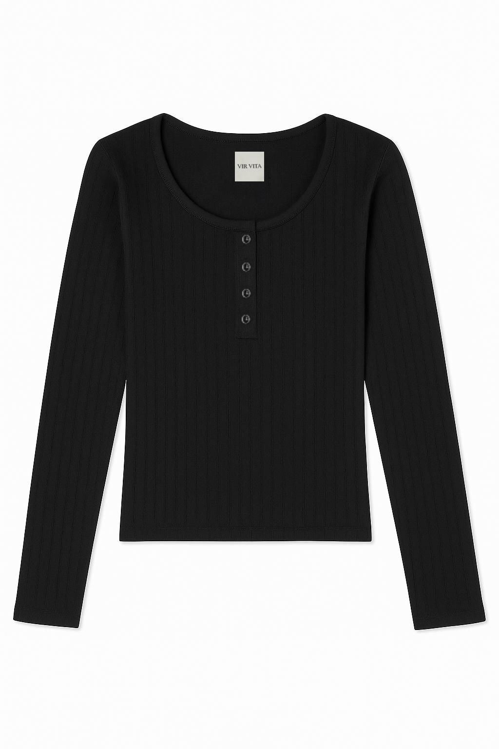 Flat image of a black cotton pointelle henley long sleeve top with matching buttons - VIR VITA
#color_black