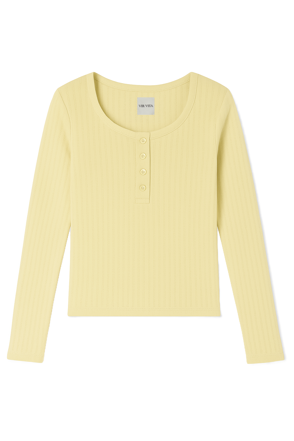 Flat image of a pale yellow cotton pointelle henley long sleeve top with matching buttons - VIR VITA
#color_butter