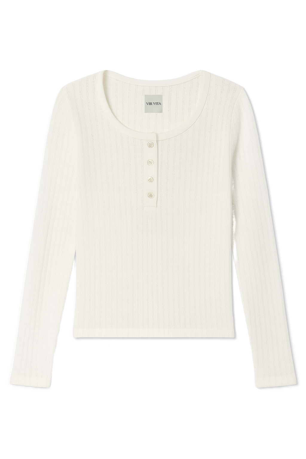Flat image of a white cotton pointelle henley long sleeve top with matching buttons - VIR VITA
#color_coconut